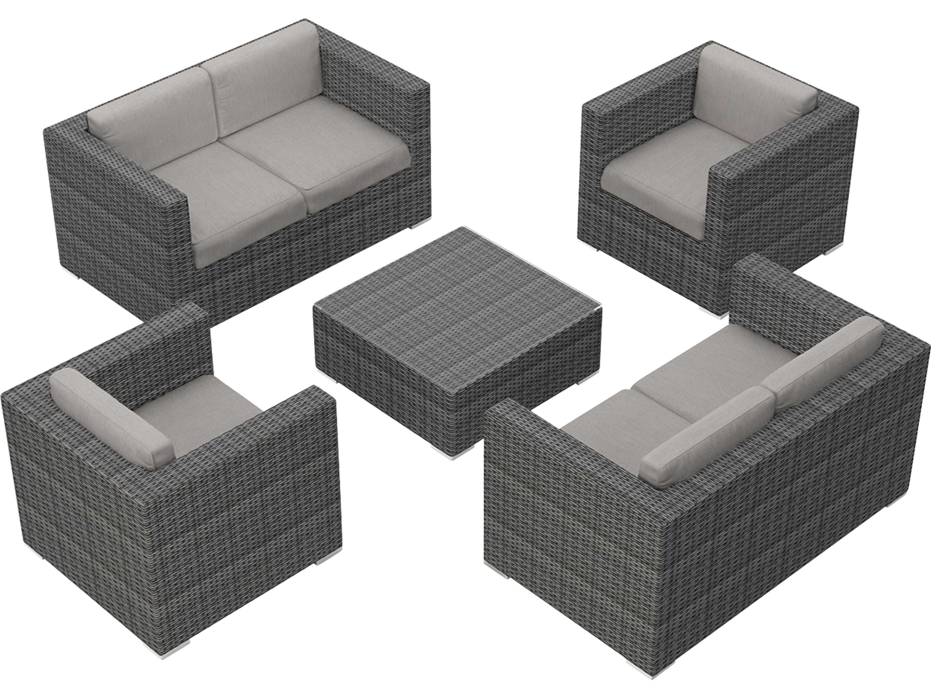 Harmonia Living District HDPE Wicker Textured Slate 5 Piece Double Loveseat Outdoor Lounge Set