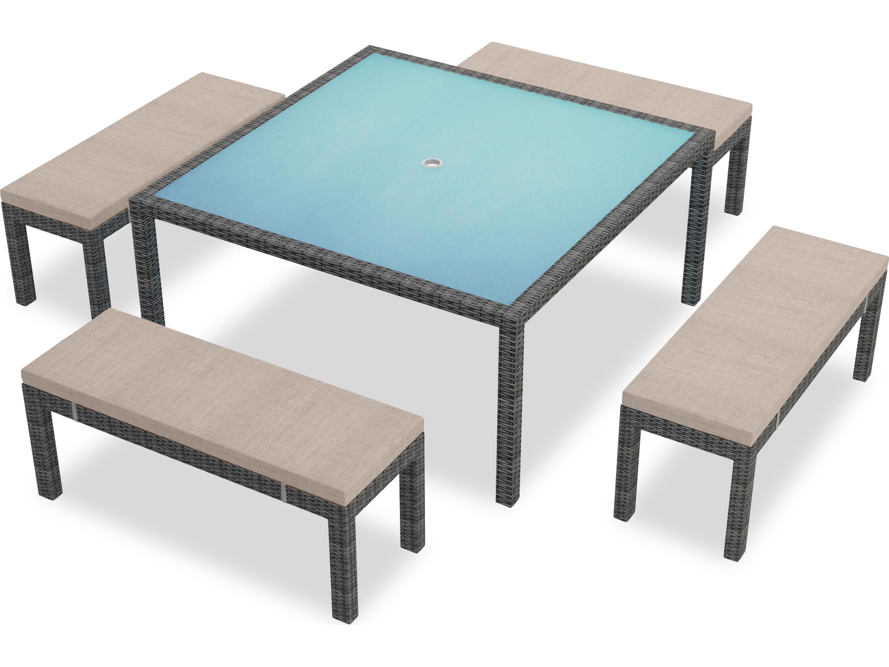 Harmonia Living District Wicker 5 Piece 8-Seat Bench Square Outdoor Patio Dining Set