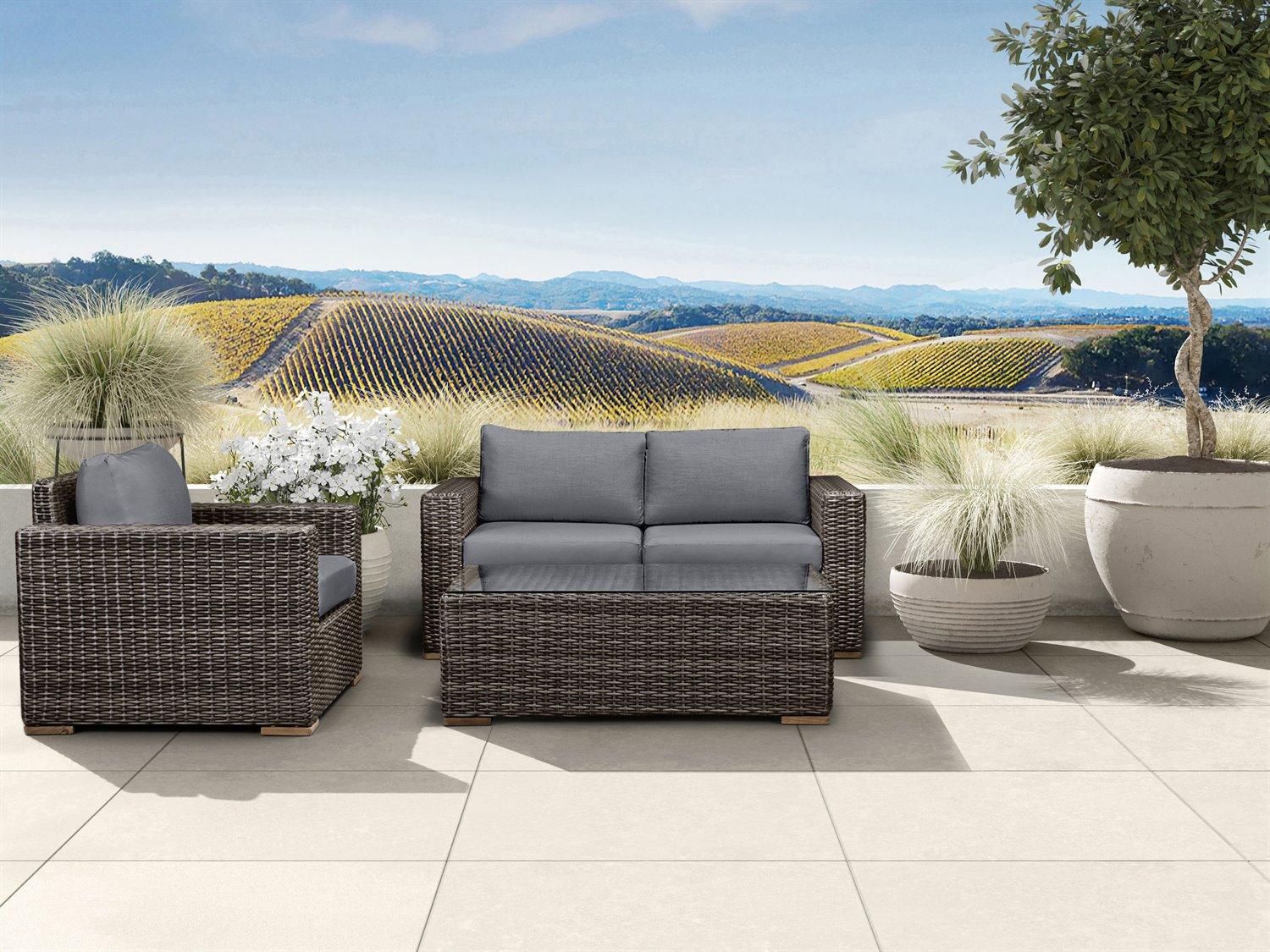 Harmonia Living Viento HDPE Wicker Driftwood 3 Piece Loveseat Outdoor Patio Lounge Set