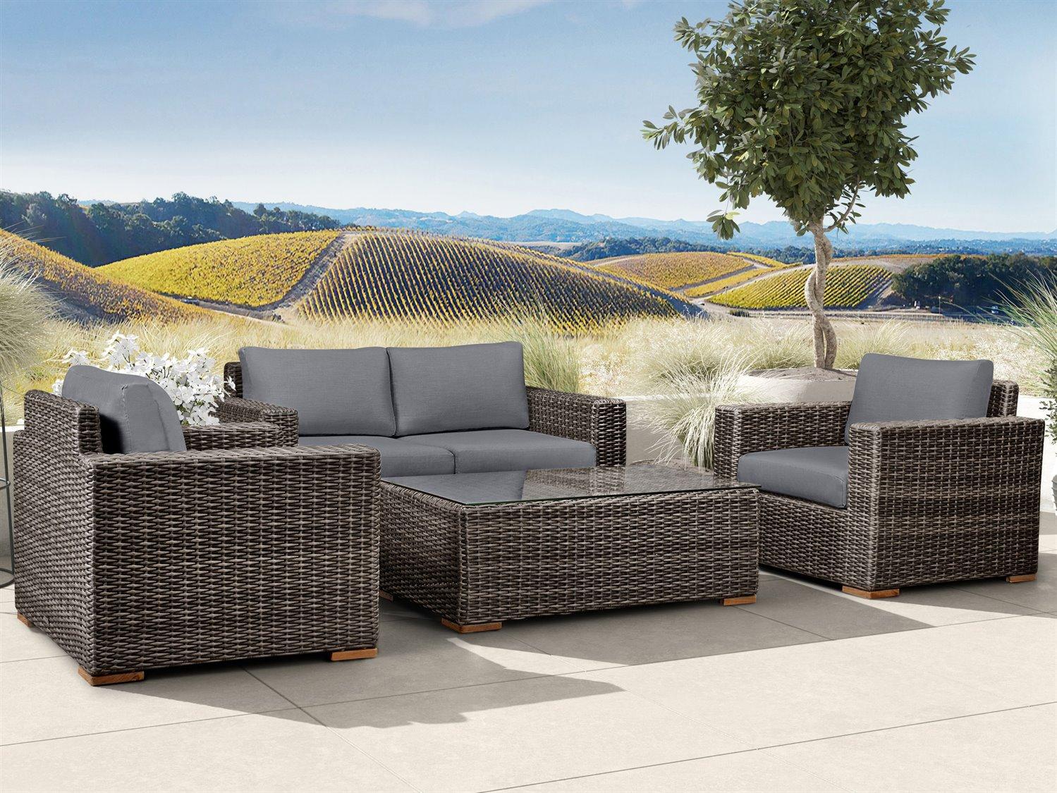 Harmonia Living Viento HDPE Wicker Driftwood 4 Piece Loveseat Patio Lounge Set