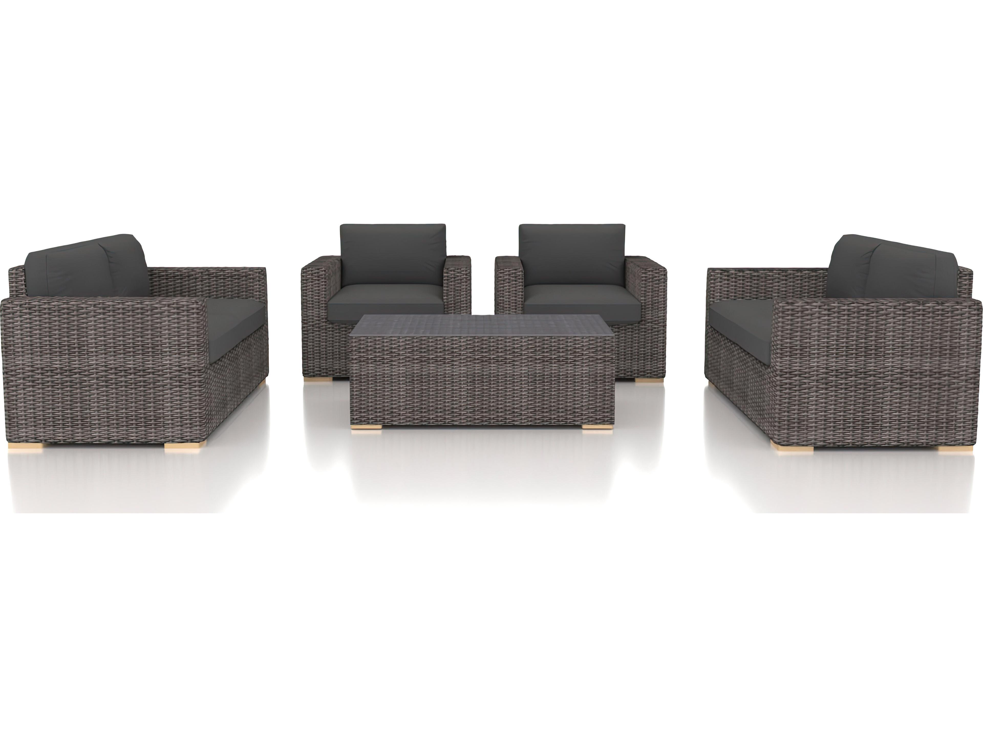 Harmonia Living Viento HDPE Wicker Driftwood 5 Piece Double Loveseat Outdoor Patio Lounge Set