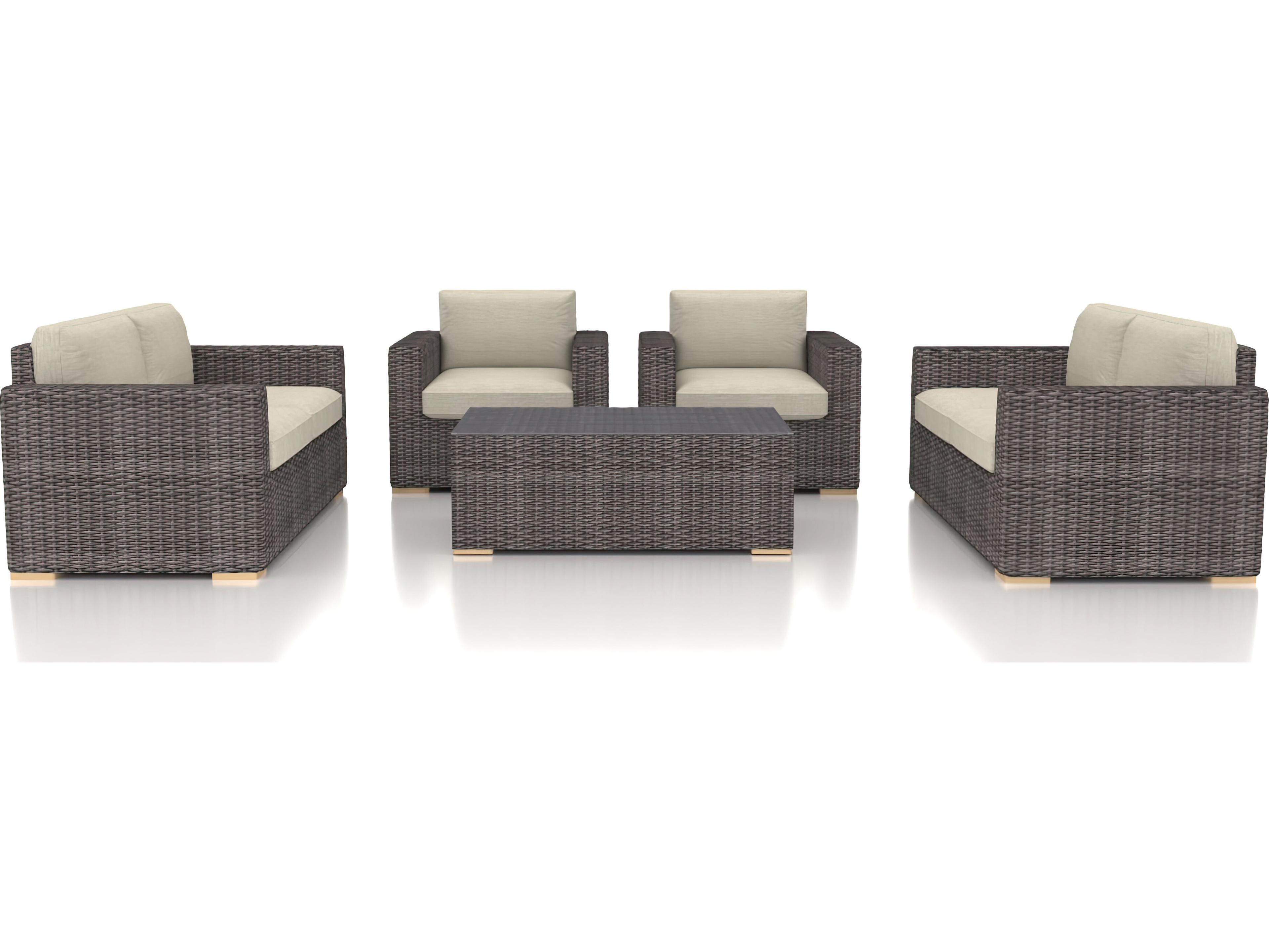 Harmonia Living Viento HDPE Wicker Driftwood 5 Piece Double Loveseat Outdoor Patio Lounge Set