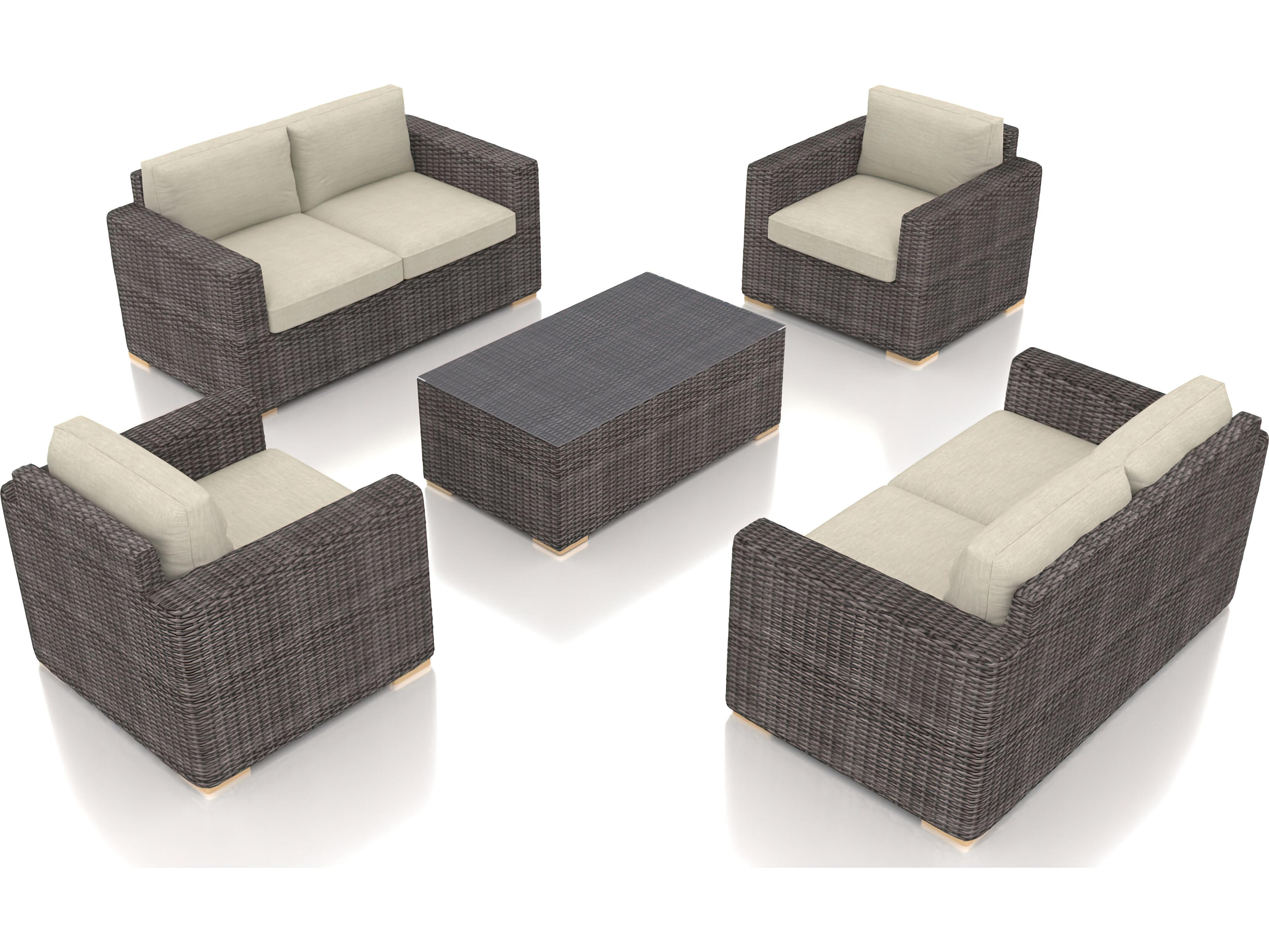 Harmonia Living Viento HDPE Wicker Driftwood 5 Piece Double Loveseat Outdoor Patio Lounge Set