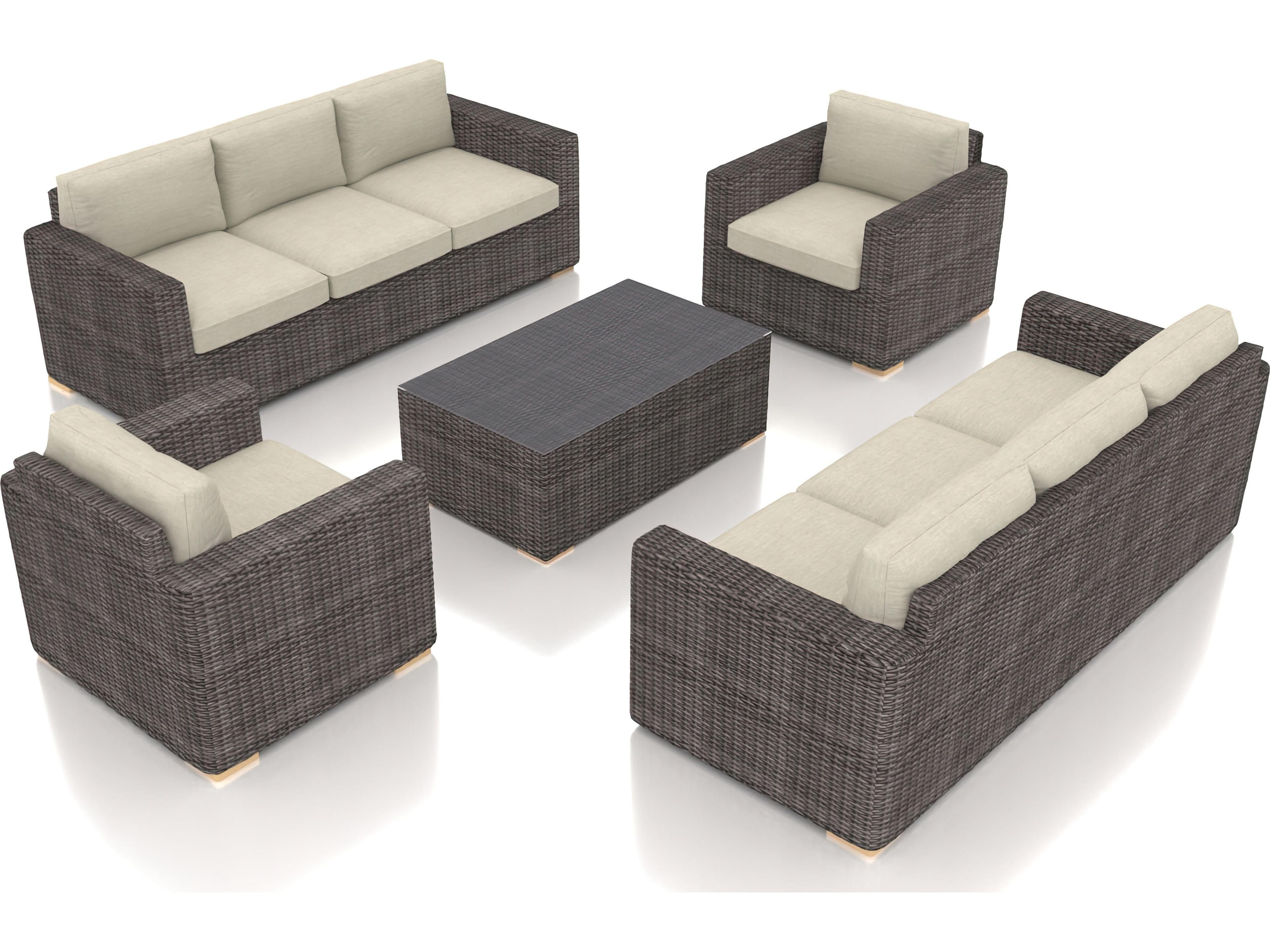 Harmonia Living Viento HDPE Wicker Driftwood 5 Piece Double Sofa Patio Lounge Set