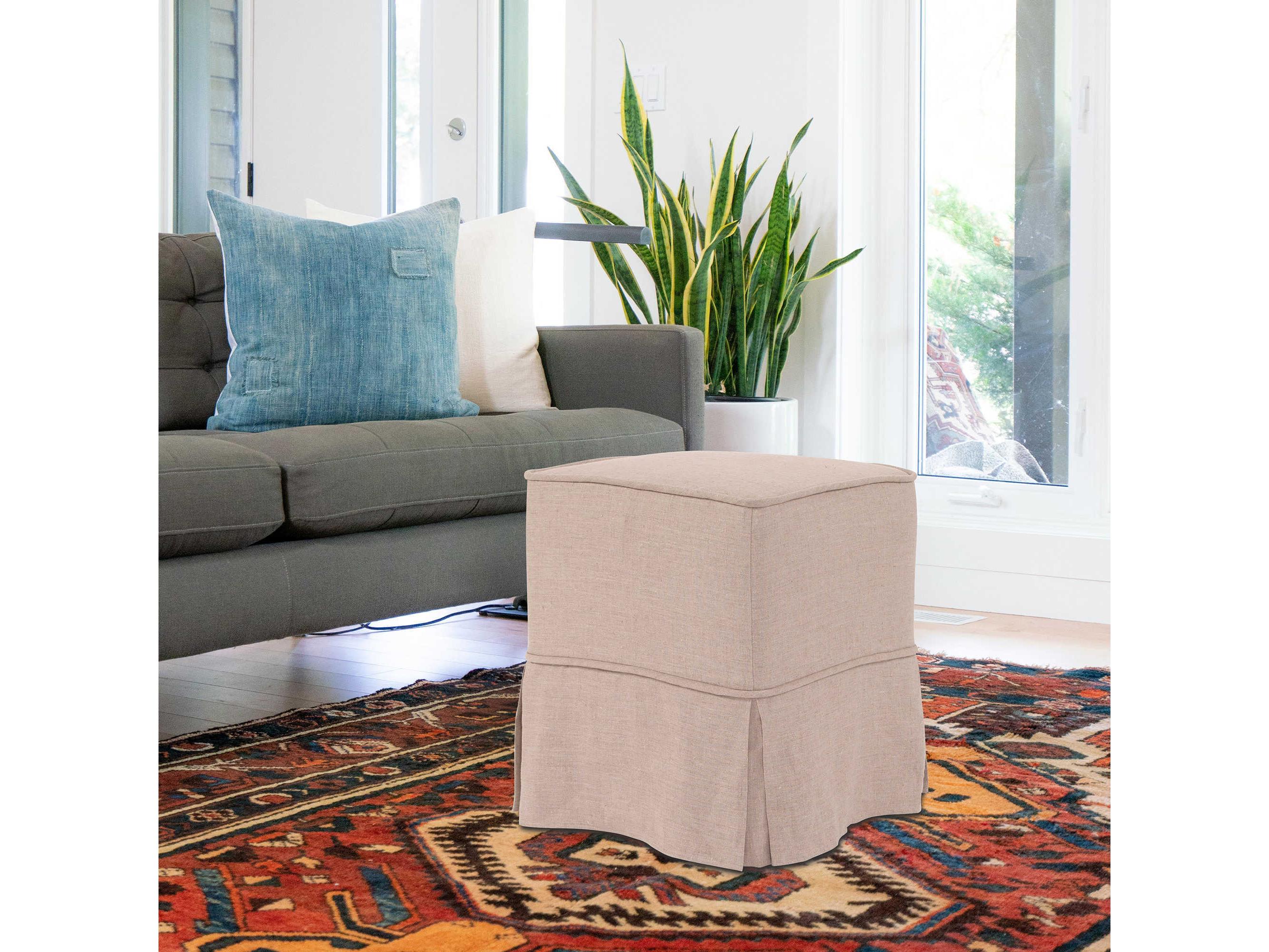 Howard Elliott Universal Linen Slub Natural Beige Upholstered Ottoman