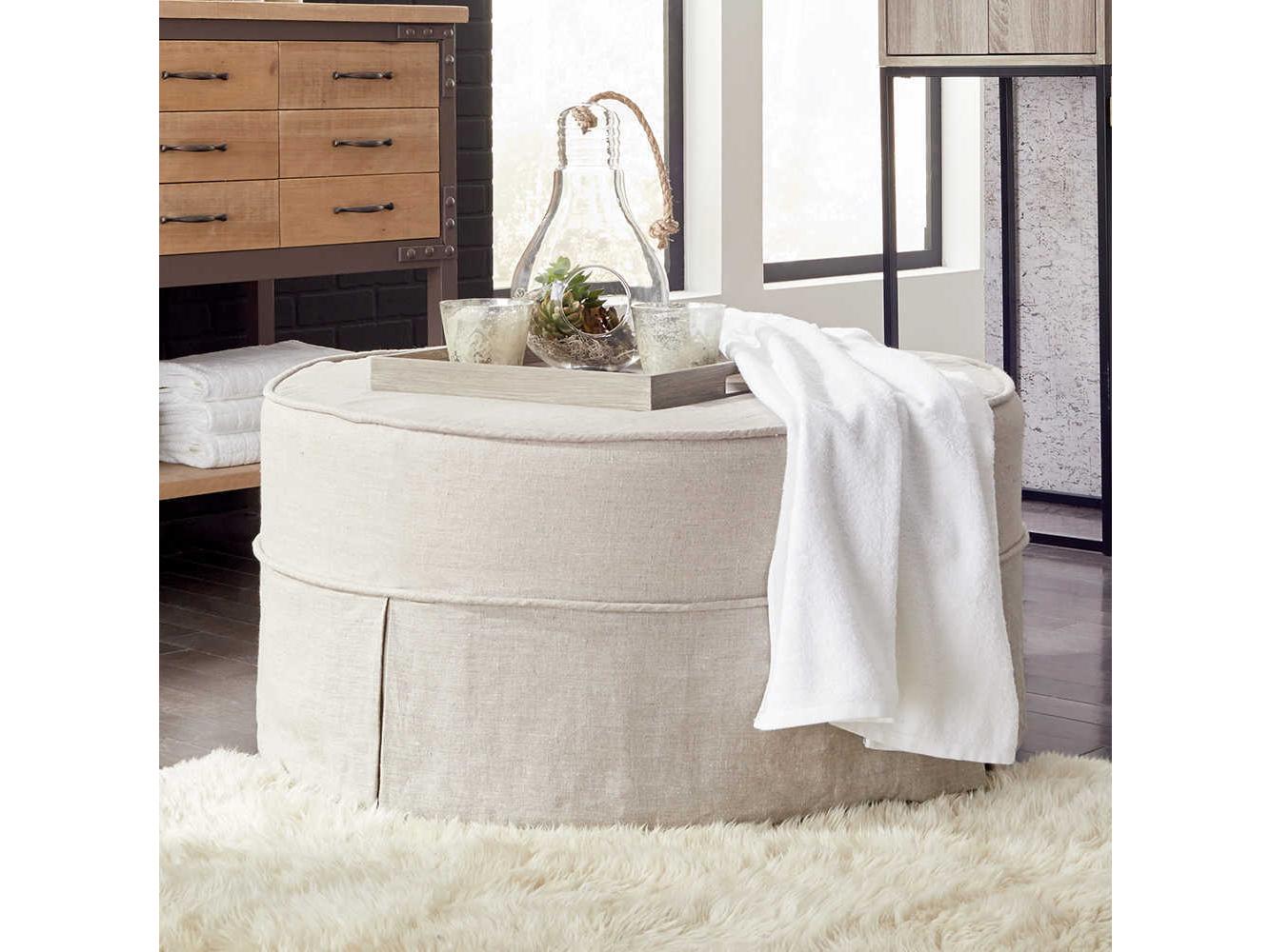 Howard Elliott Universal Linen Slub Natural Beige Upholstered Ottoman