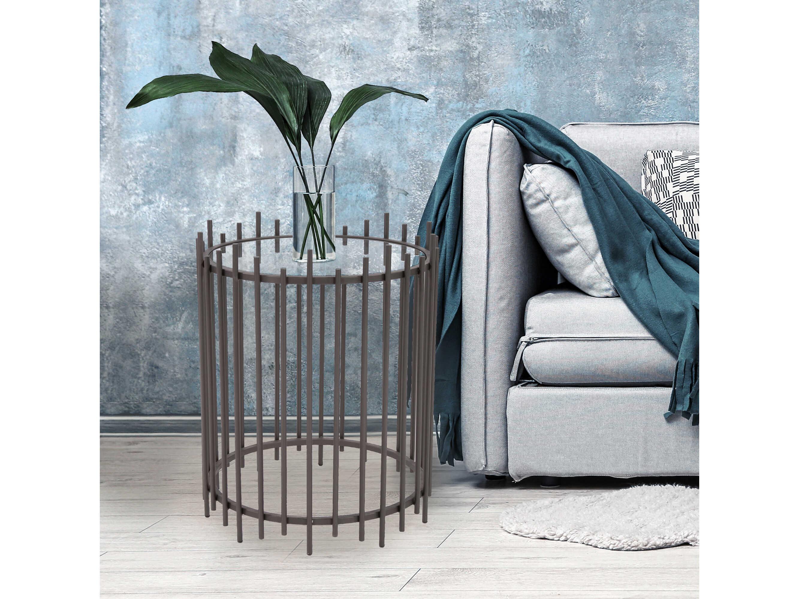 Howard Elliott Iron Rod Round Glass Graphite End Table