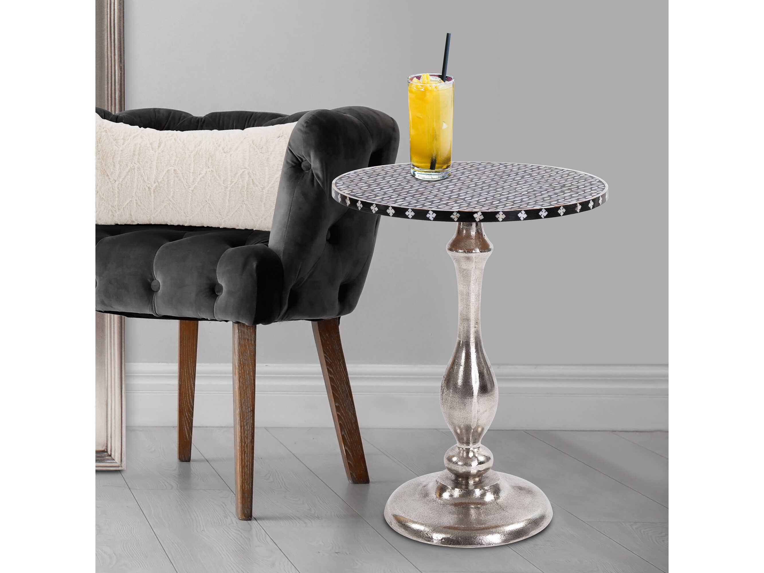 Howard Elliott Round Nickel Black White End Table