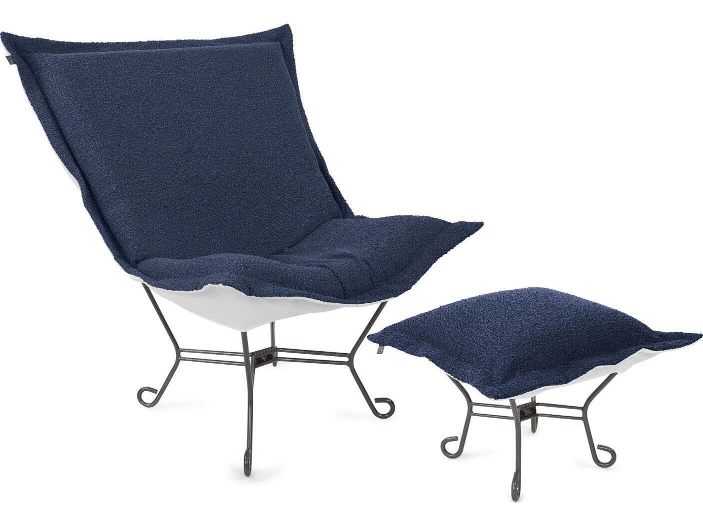Howard Elliott Outdoor Puff Scroll Alicante Indigo Fabric Cushion Lounge Chair