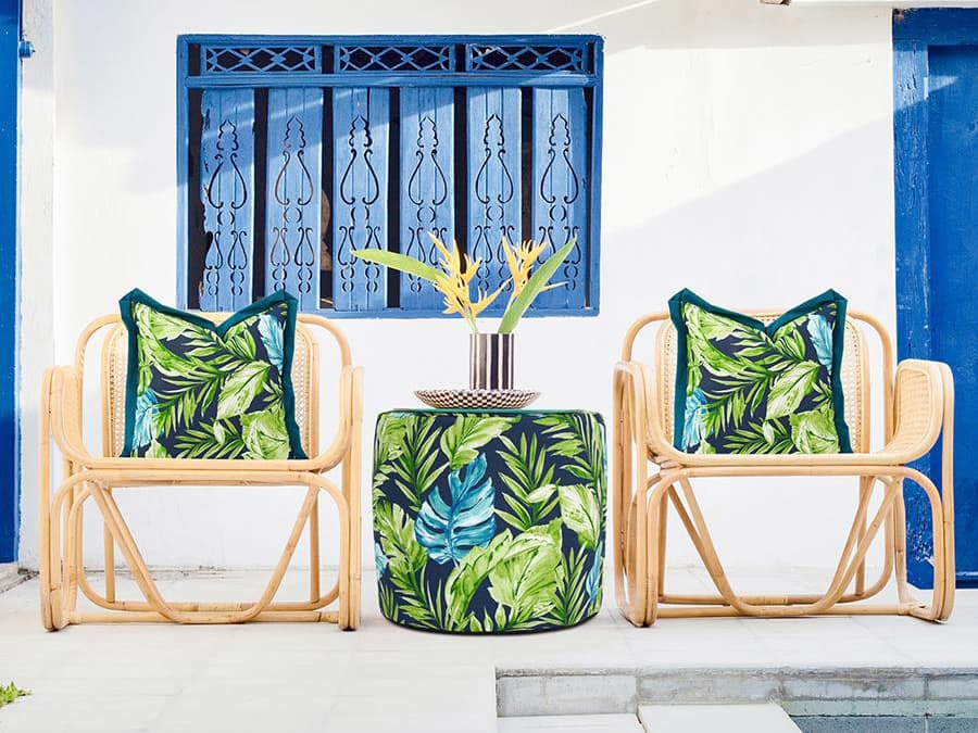 Howard Elliott Outdoor Cardoon Indigo lime Fabric Cushion Ottoman