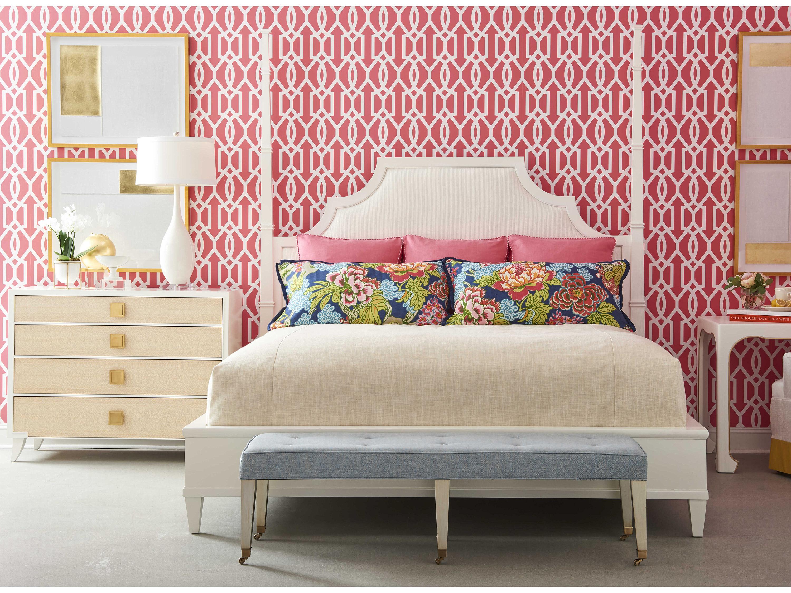 Hickory White Trellis Ash Wood Upholstered Mazie Poster Bed