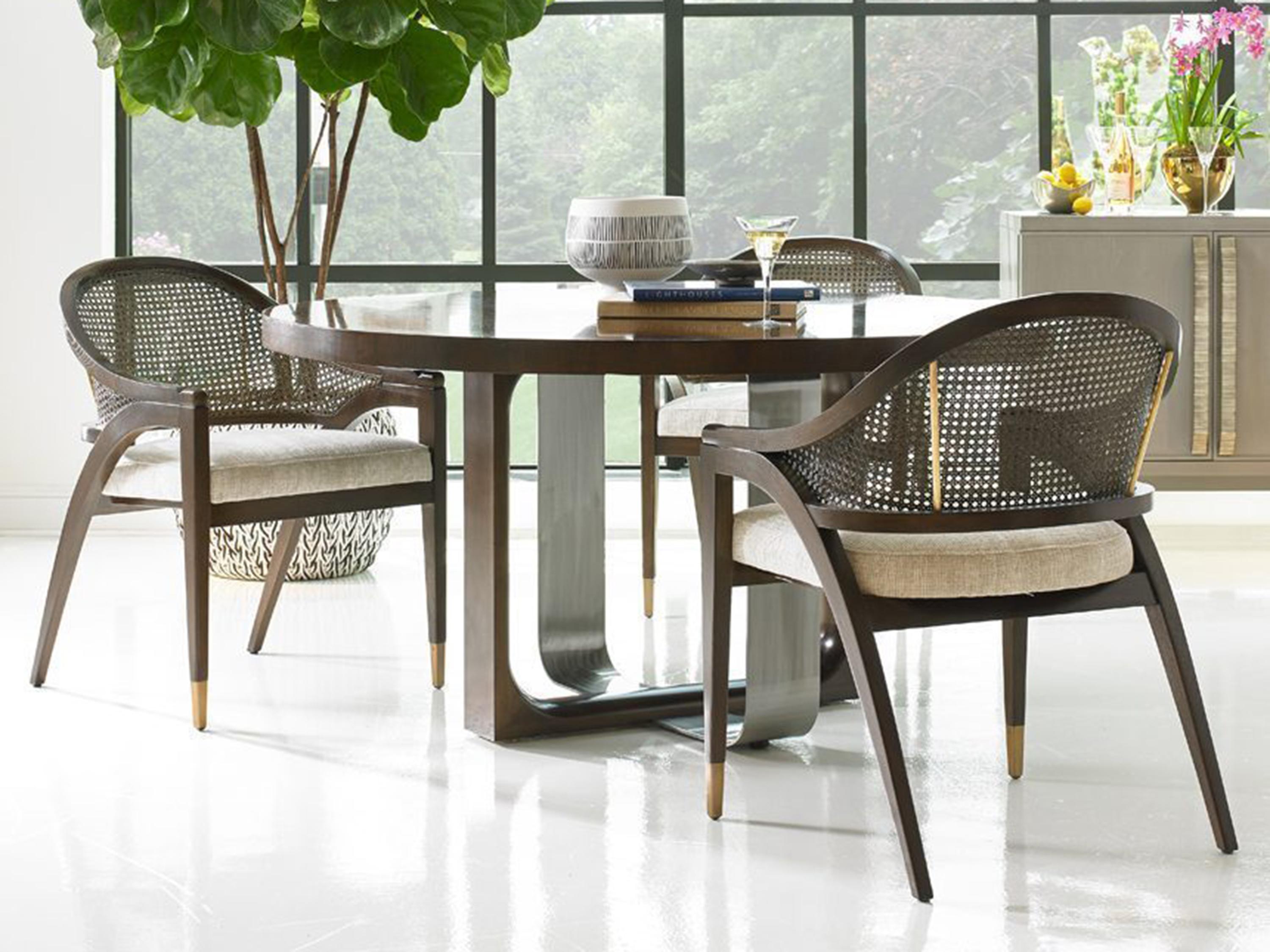 Hickory White Journey The World Oak Wood Brown Upholstered Panama Arm Dining Chair