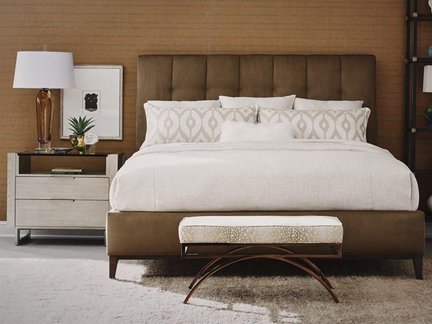 Hickory White Modern Retreat Walnut Brown Upholstered Carmel Queen Panel Bed