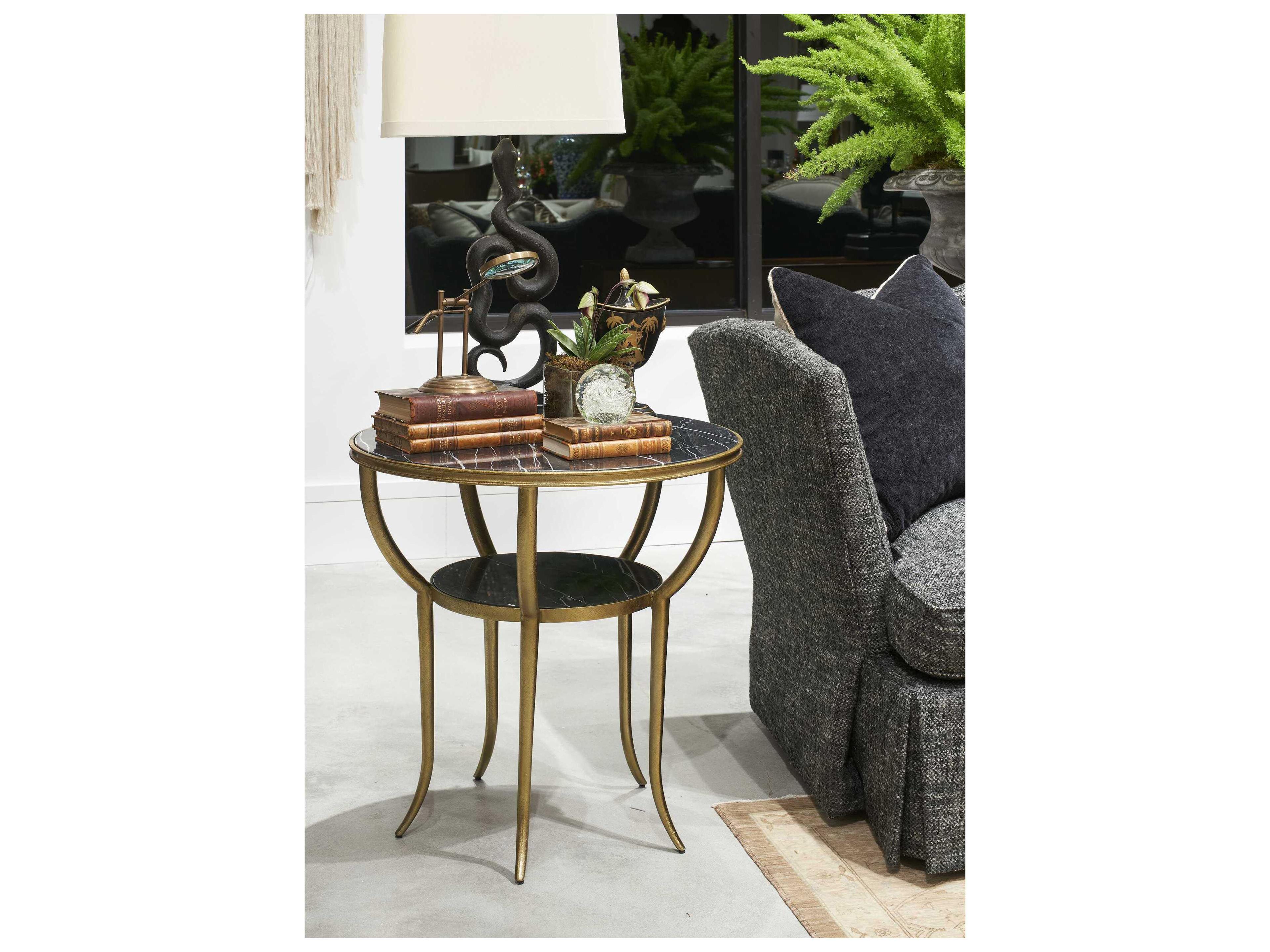 Hickory White Round Marble Brass End Table