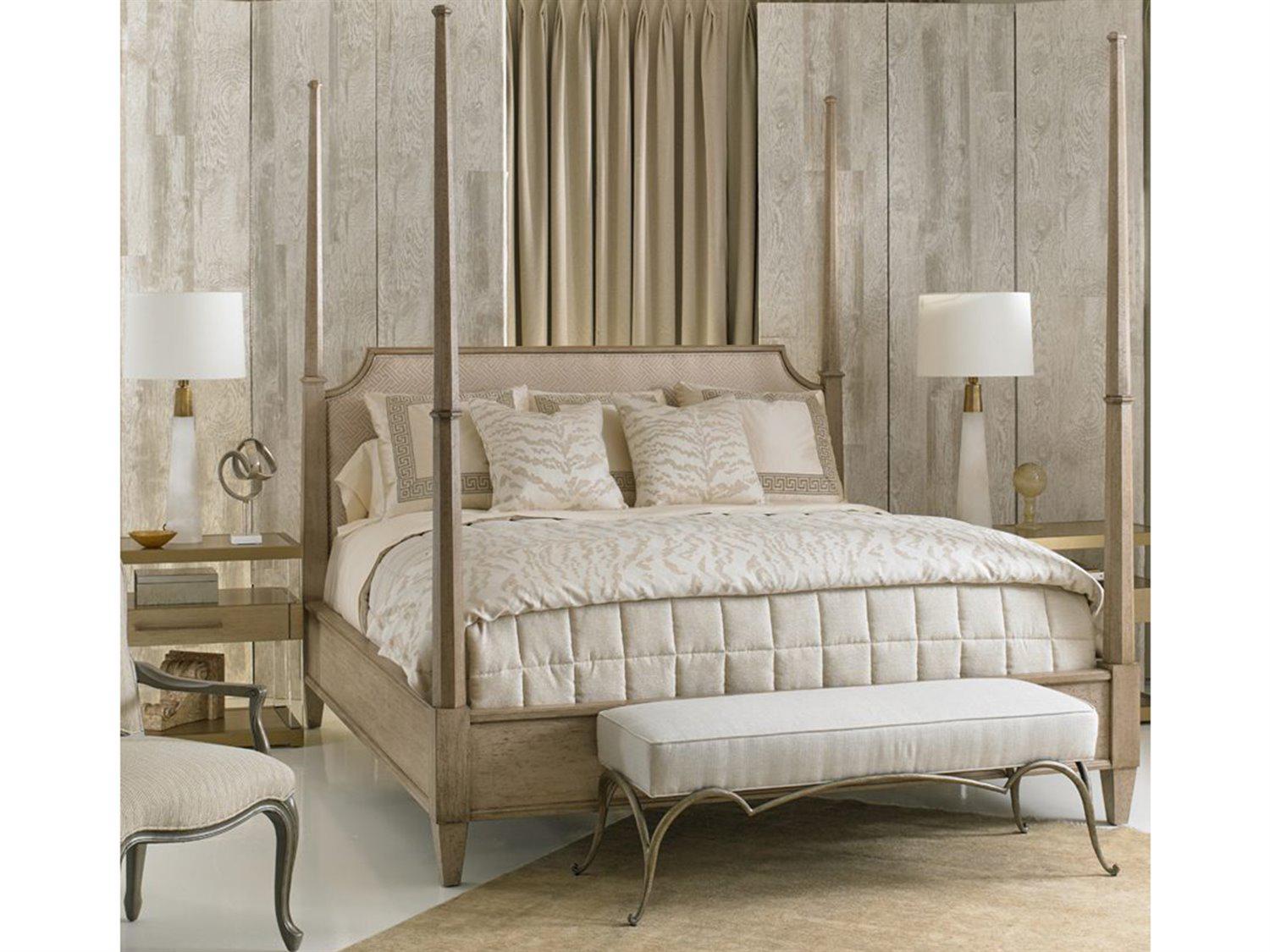 Hickory White Innovation Platinum Gray Cherry Wood Upholstered King Four Poster Bed