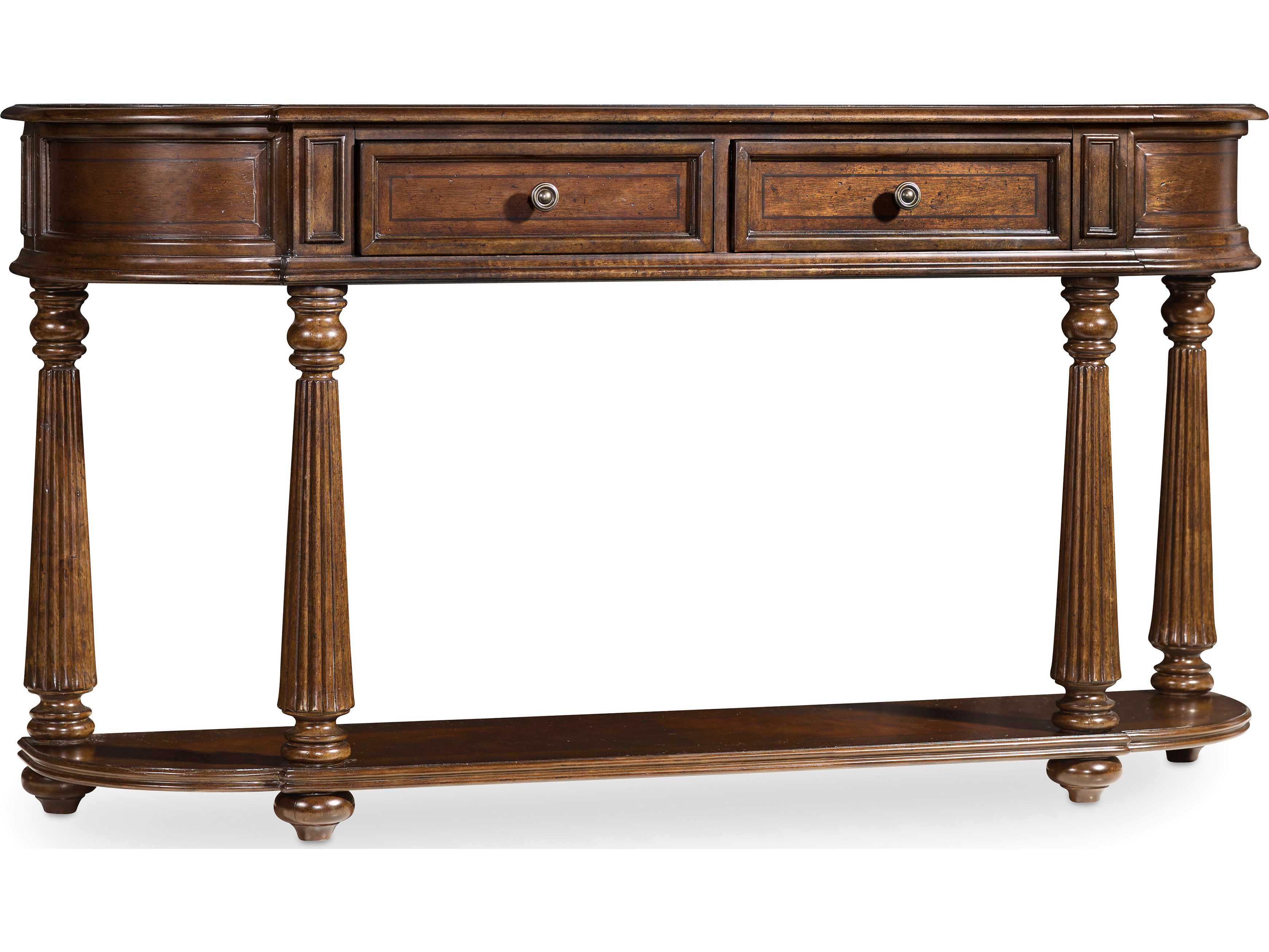 Luxecor Heritage Hall Demilune Features A Rich Dark Wood Console Table