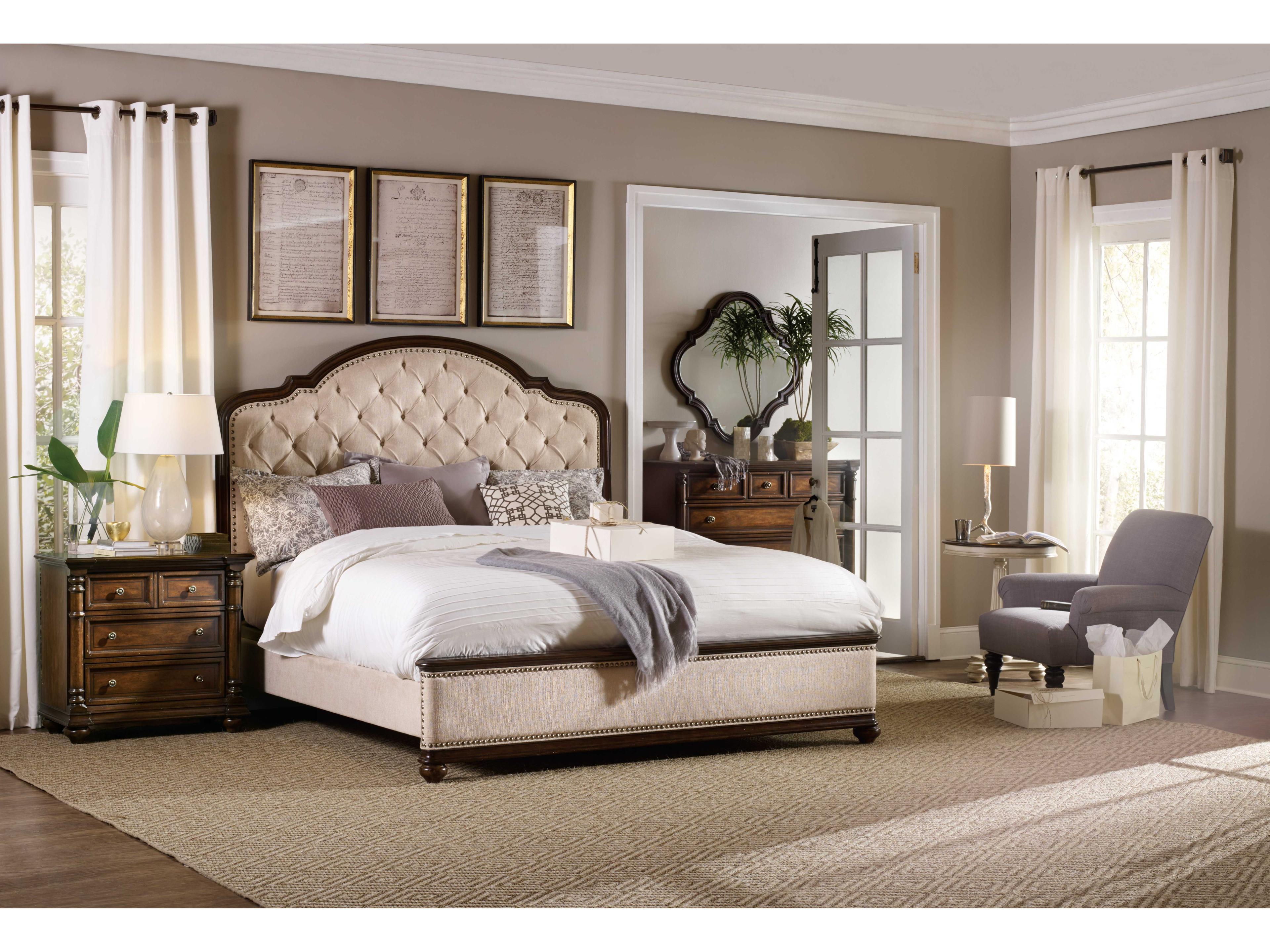 Hooker Furniture Leesburg Rich Beige Mahogany Wood Upholstered Queen Panel Bed