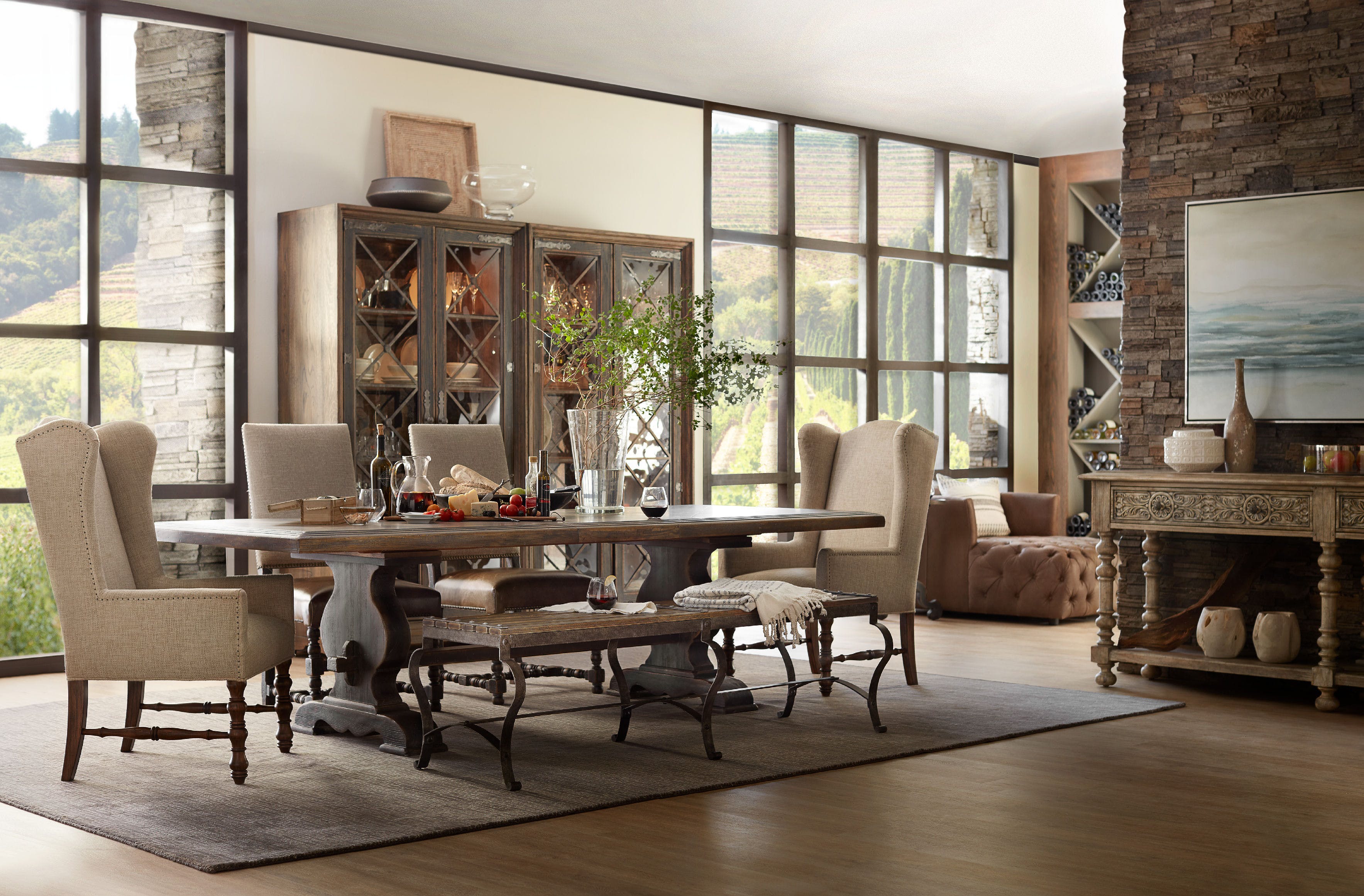 Hooker Furniture Hill Country Extendable Rectangular Wood Timeworn Saddle Brown Anthracite Black Dining Table