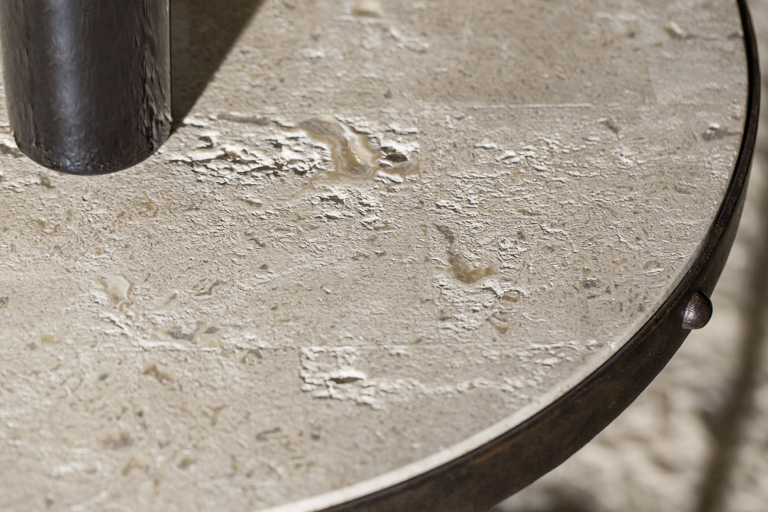 Hooker Furniture Hill Country Luckenbach Round Stone Antique Travertine Black End Table