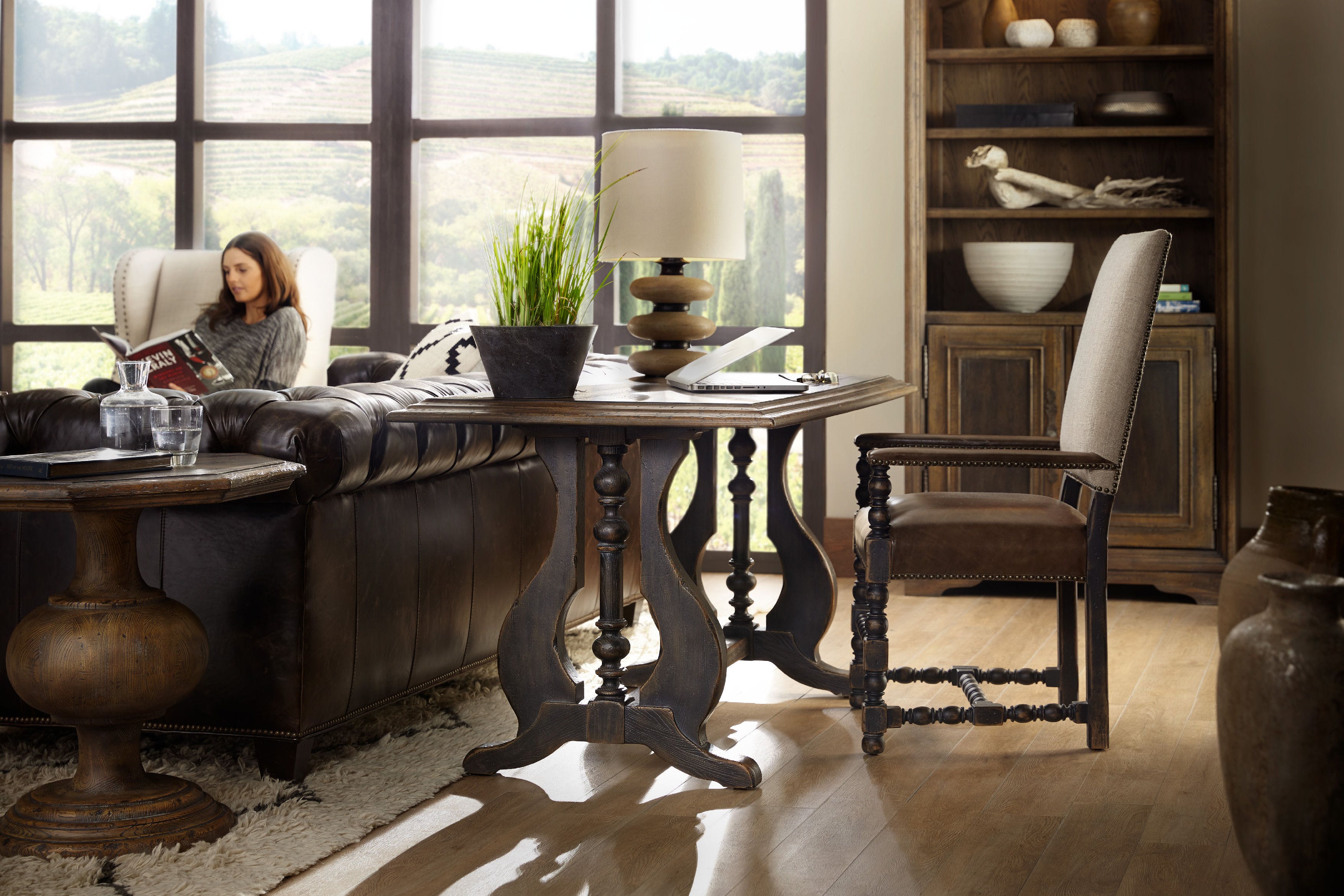 Hooker Furniture Hill Country Mason Hexagon Wood Timeworn Saddle Brown Aged Pewter End Table