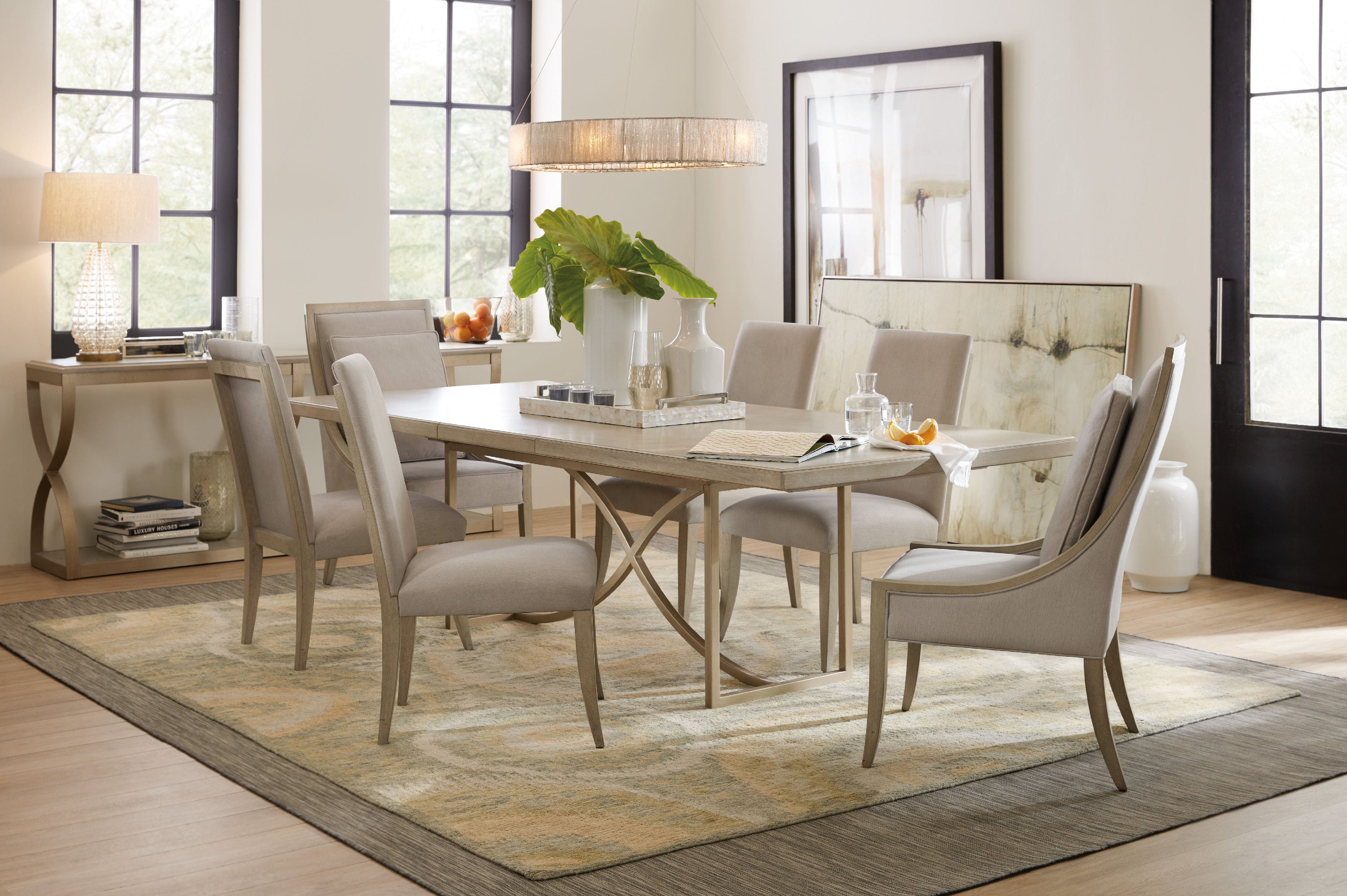 Hooker Furniture Elixir Rectangular Wood Serene Gray Beige Champagne Silver Dining Table