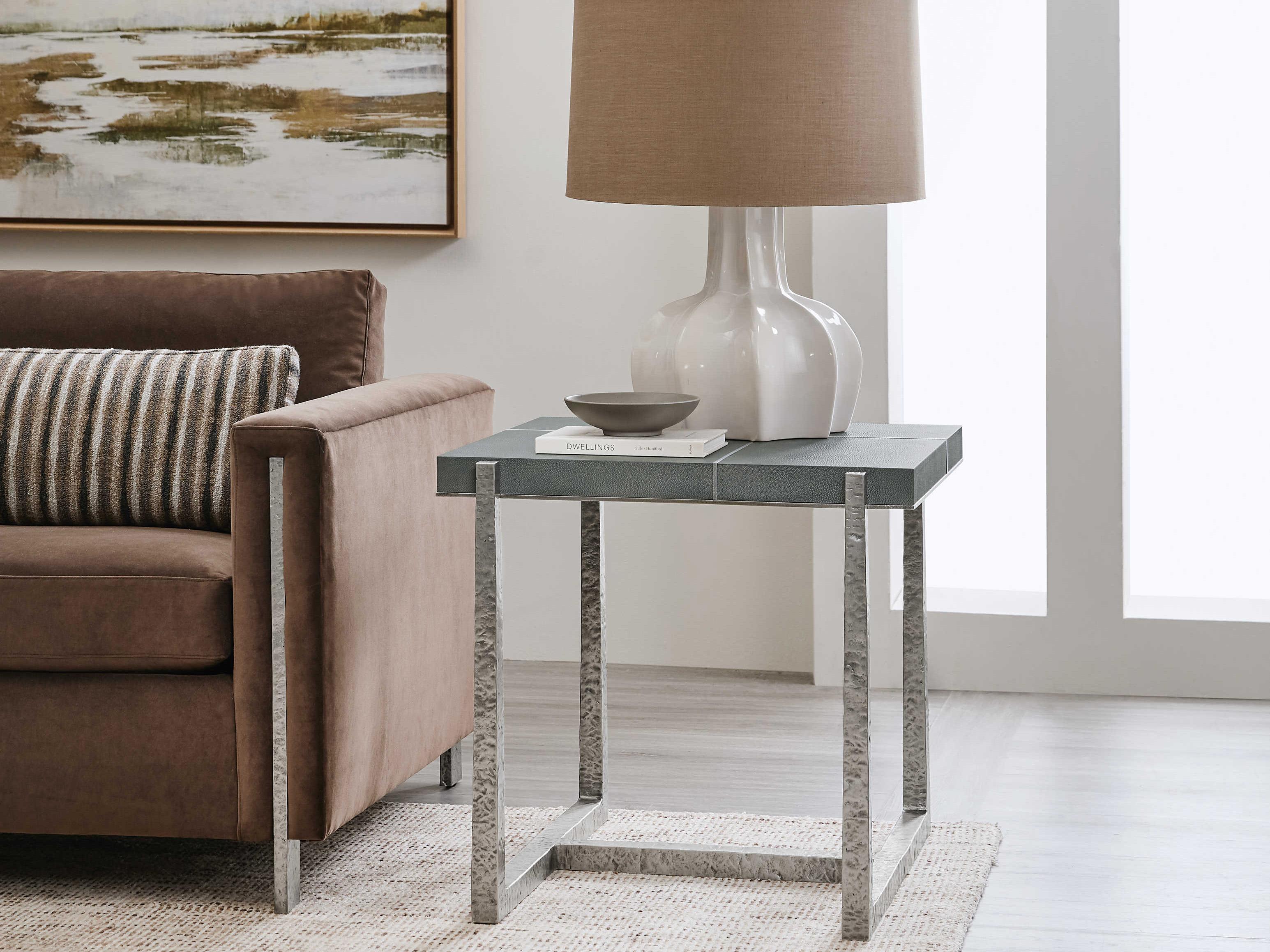 Hooker Furniture Chapman Mixed Media Square Faux Shagreen Gray Pewter End Table