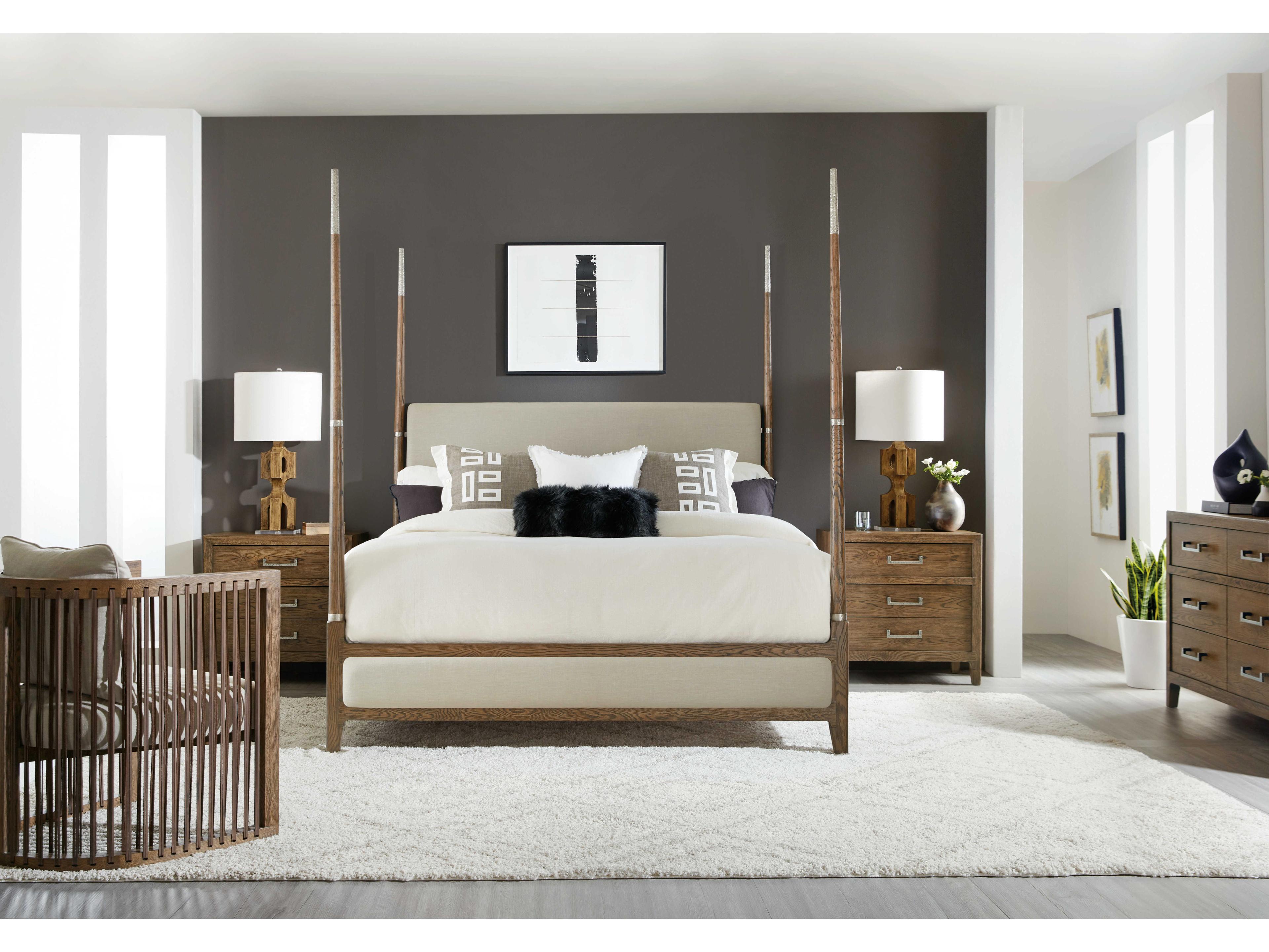 Hooker Furniture Chapman Samantha Taupe Sorrel Brown Oak Wood Upholstered King Poster Bed