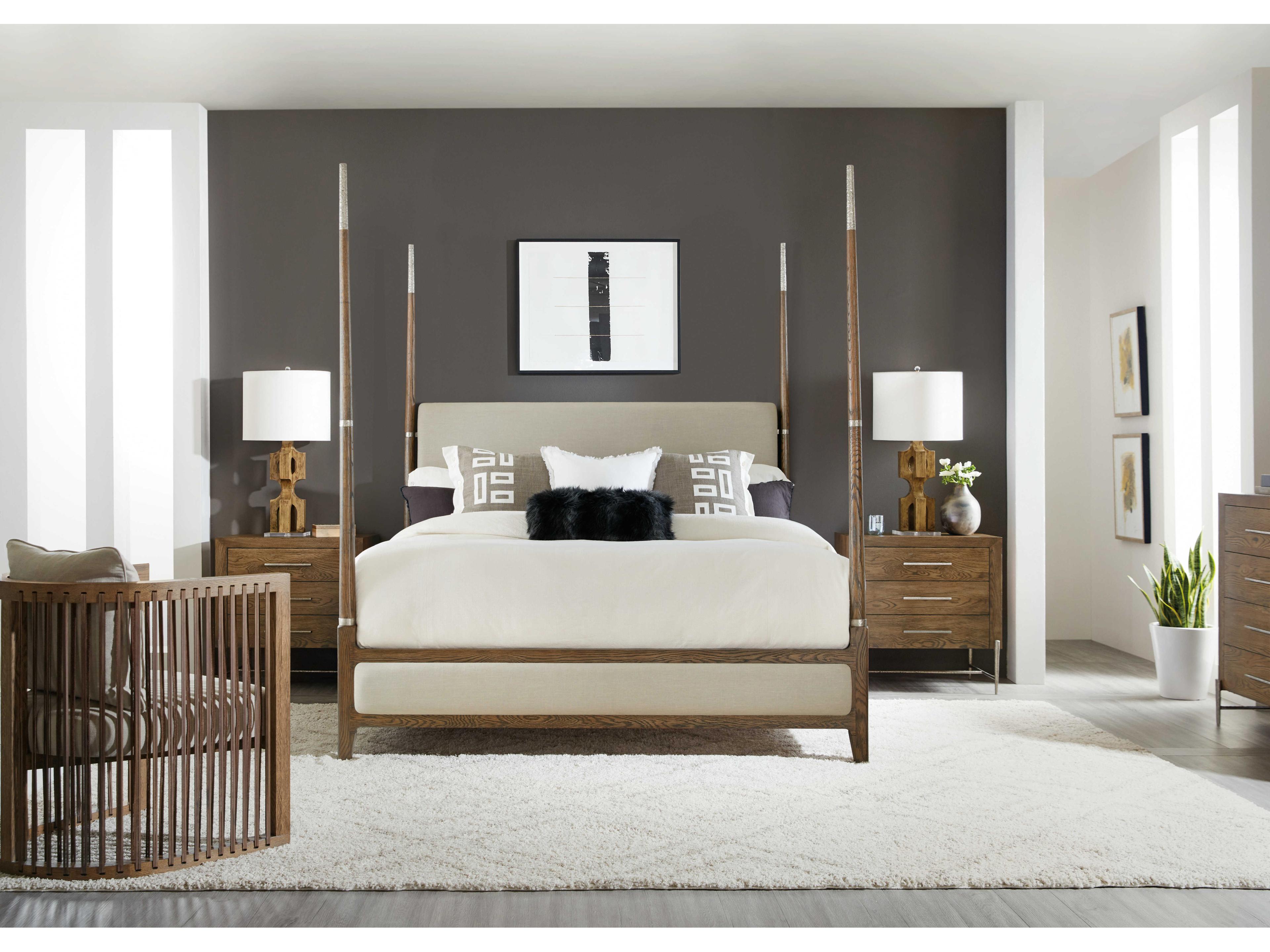 Hooker Furniture Chapman Samantha Taupe Sorrel Brown Oak Wood Upholstered King Poster Bed