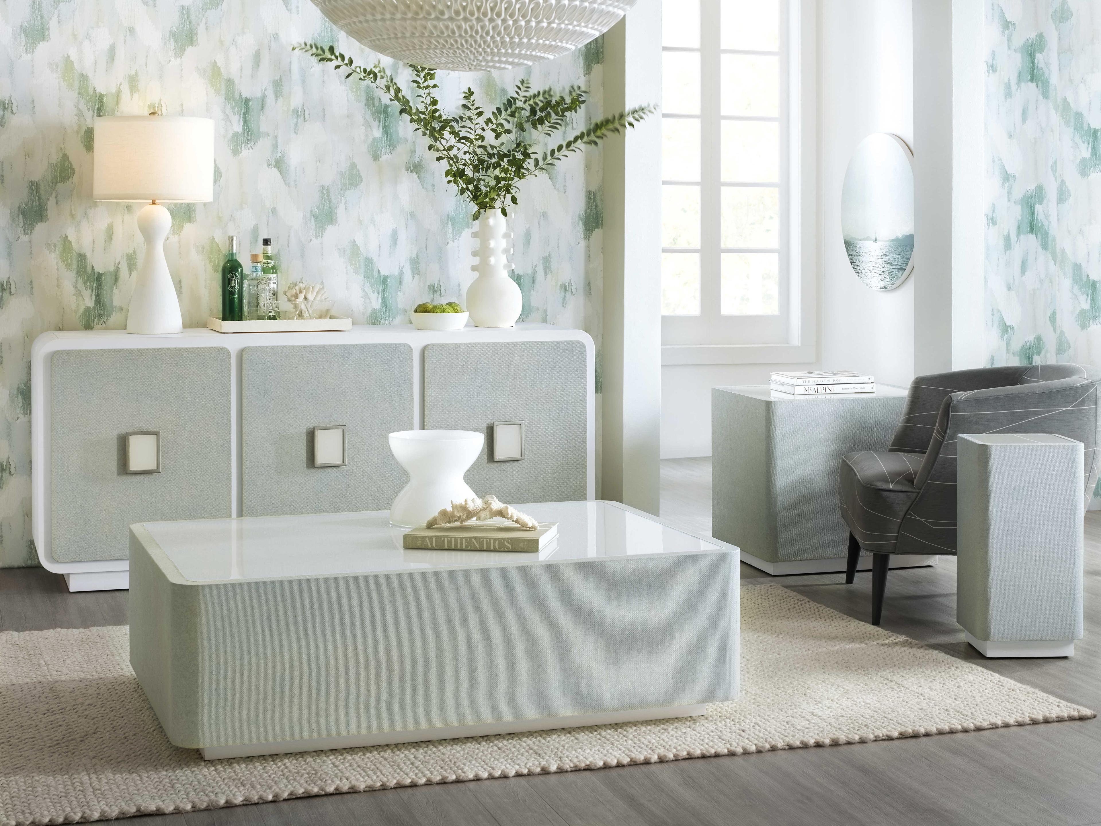 Hooker Furniture Melange Atlantis Rectangular Glass Gray Creamy White Cocktail Table