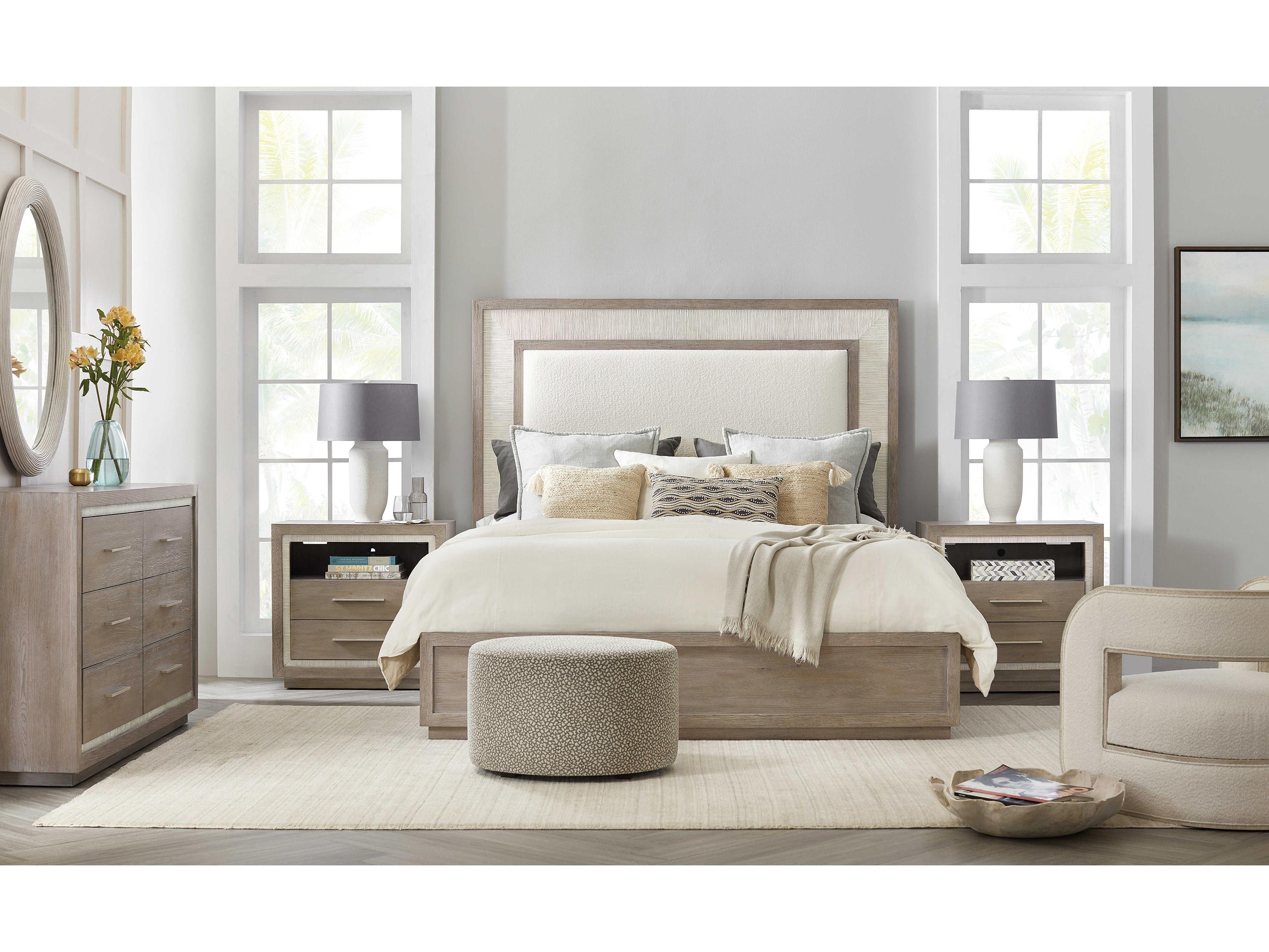 Hooker Furniture Serenity Rookery Arctic Gray Oak Wood Upholstered King Panel Bed
