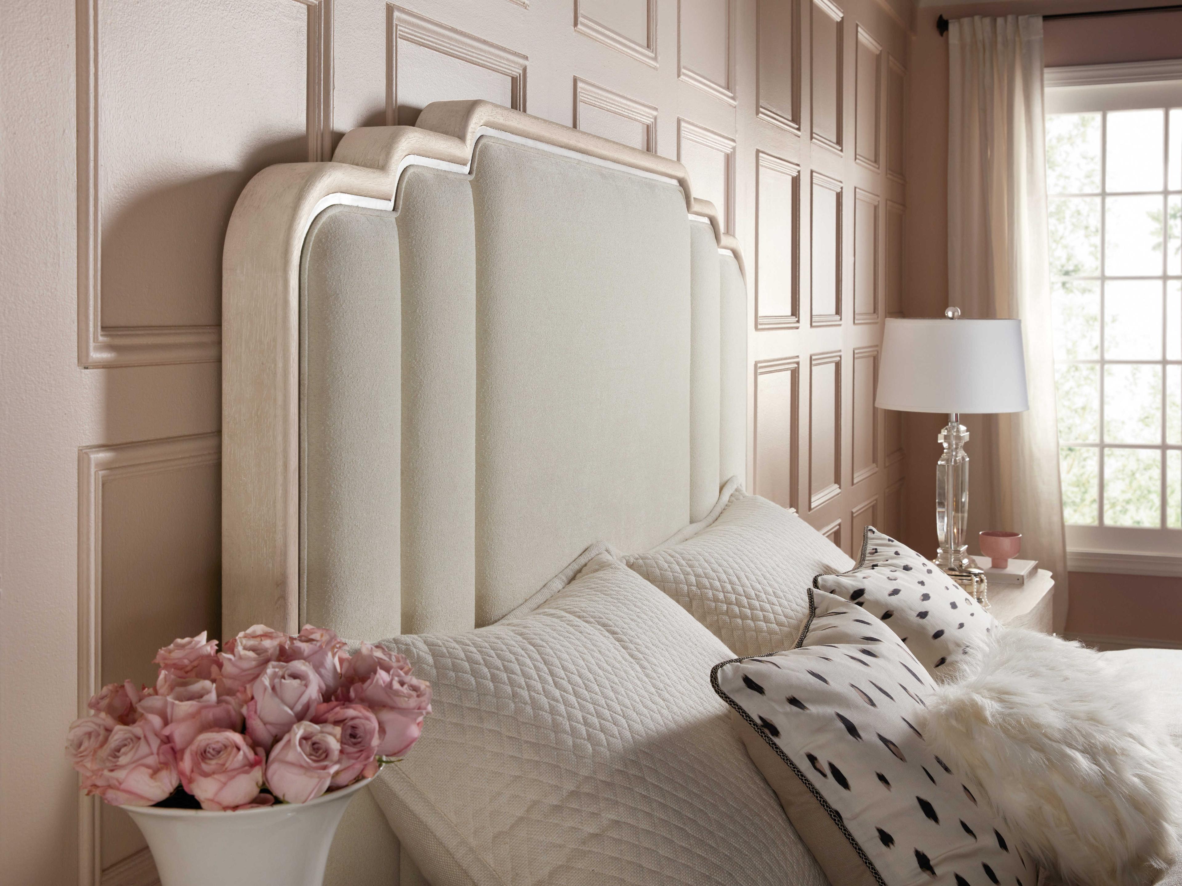 Hooker Furniture Nouveau Chic Polished Pearl Sandstone Beige Oak Wood Upholstered King Panel Bed