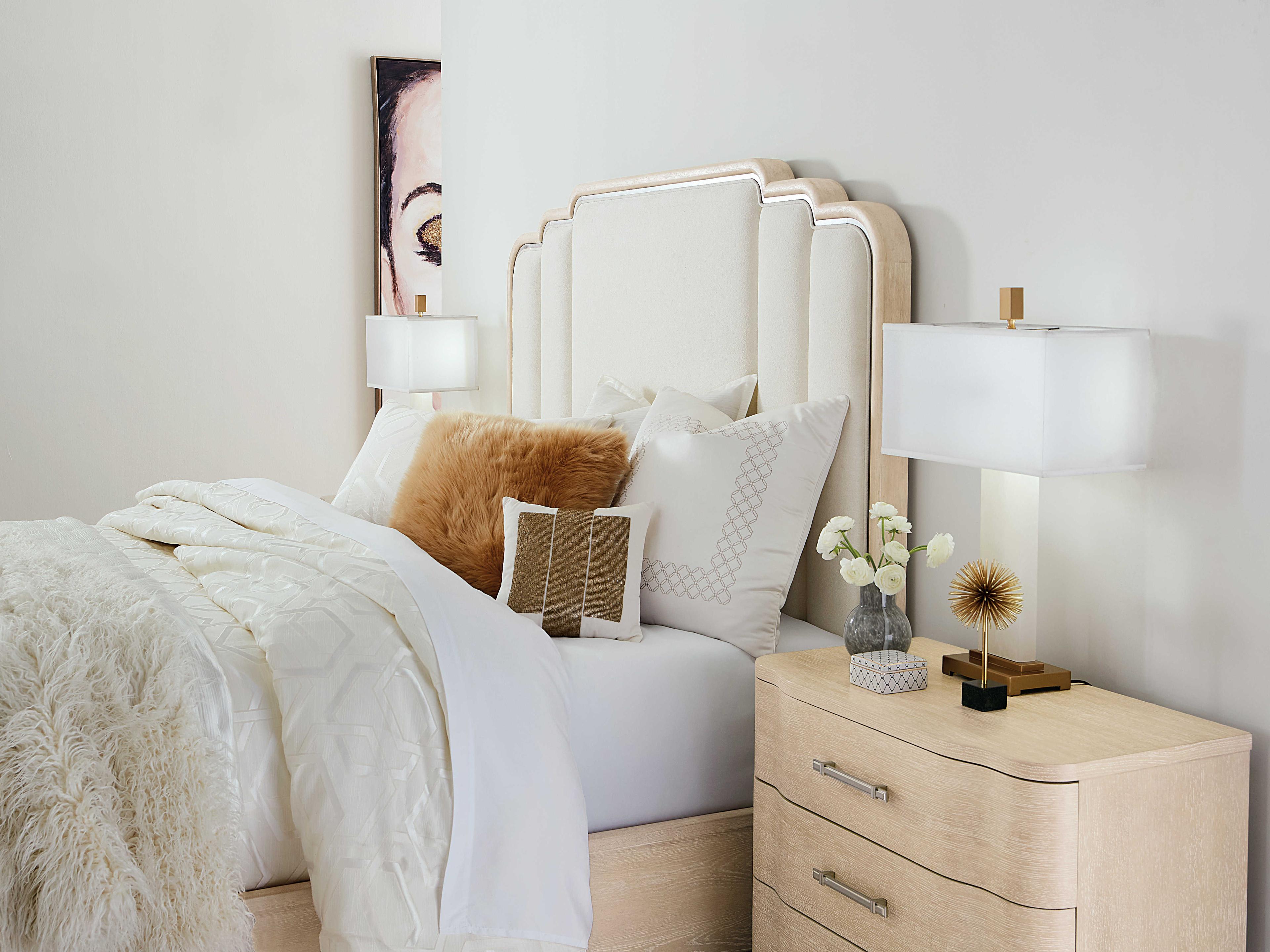 Hooker Furniture Nouveau Chic Polished Pearl Sandstone Beige Oak Wood Upholstered King Panel Bed