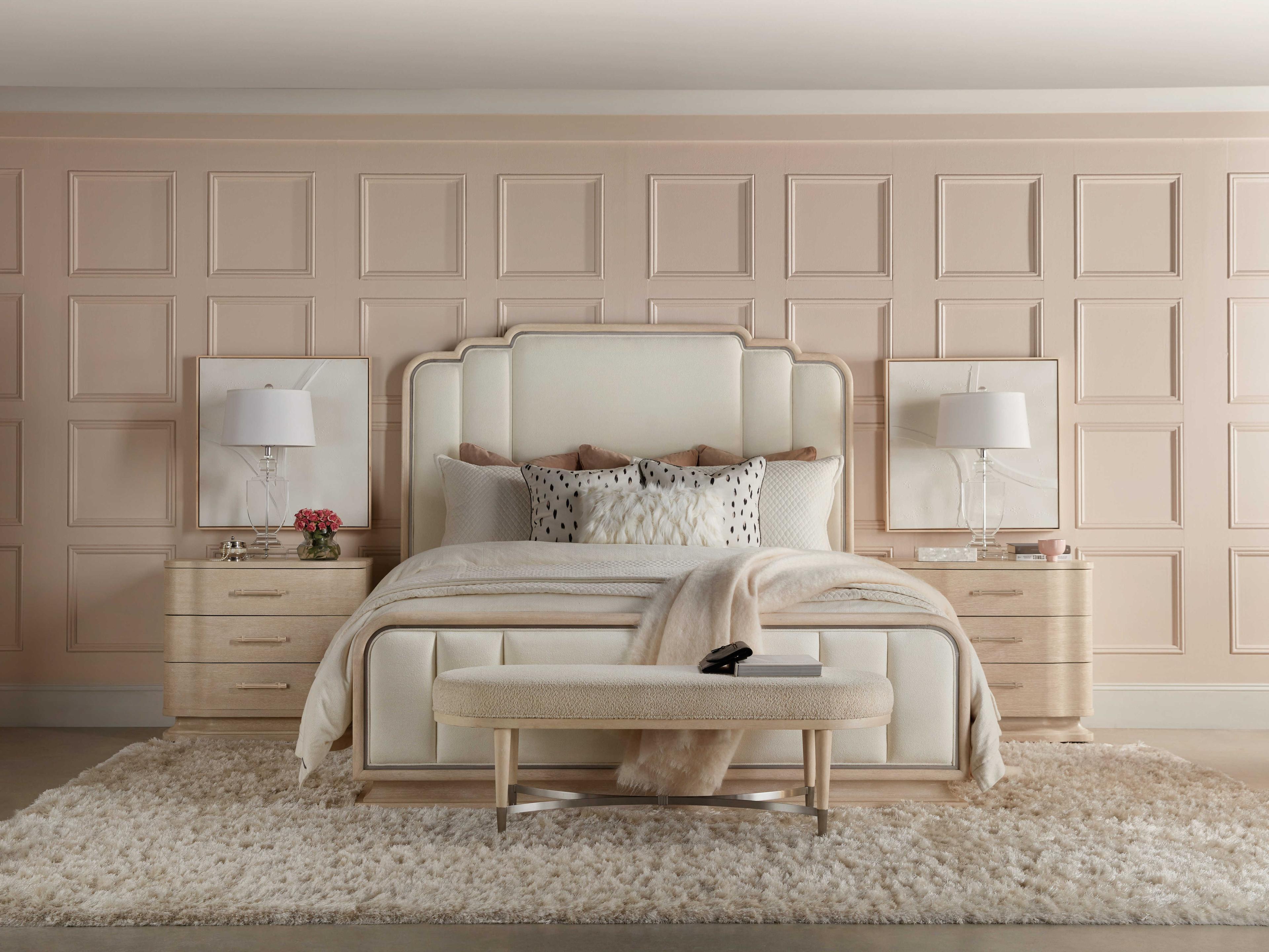 Hooker Furniture Nouveau Chic Polished Pearl Sandstone Beige Oak Wood Upholstered King Panel Bed