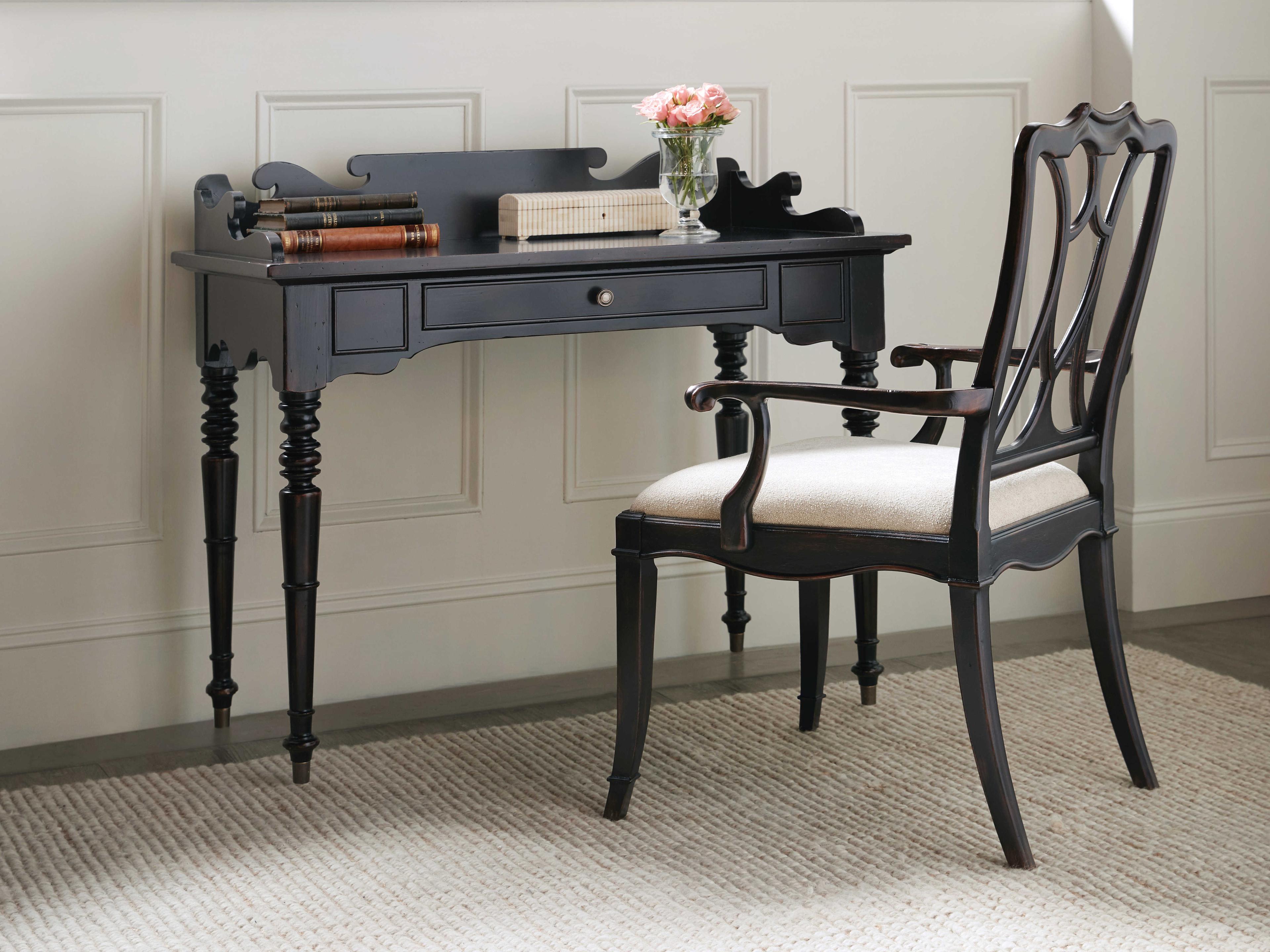 Hooker Furniture Charleston Cherry Wood Black Upholstered Arm Dining Chair