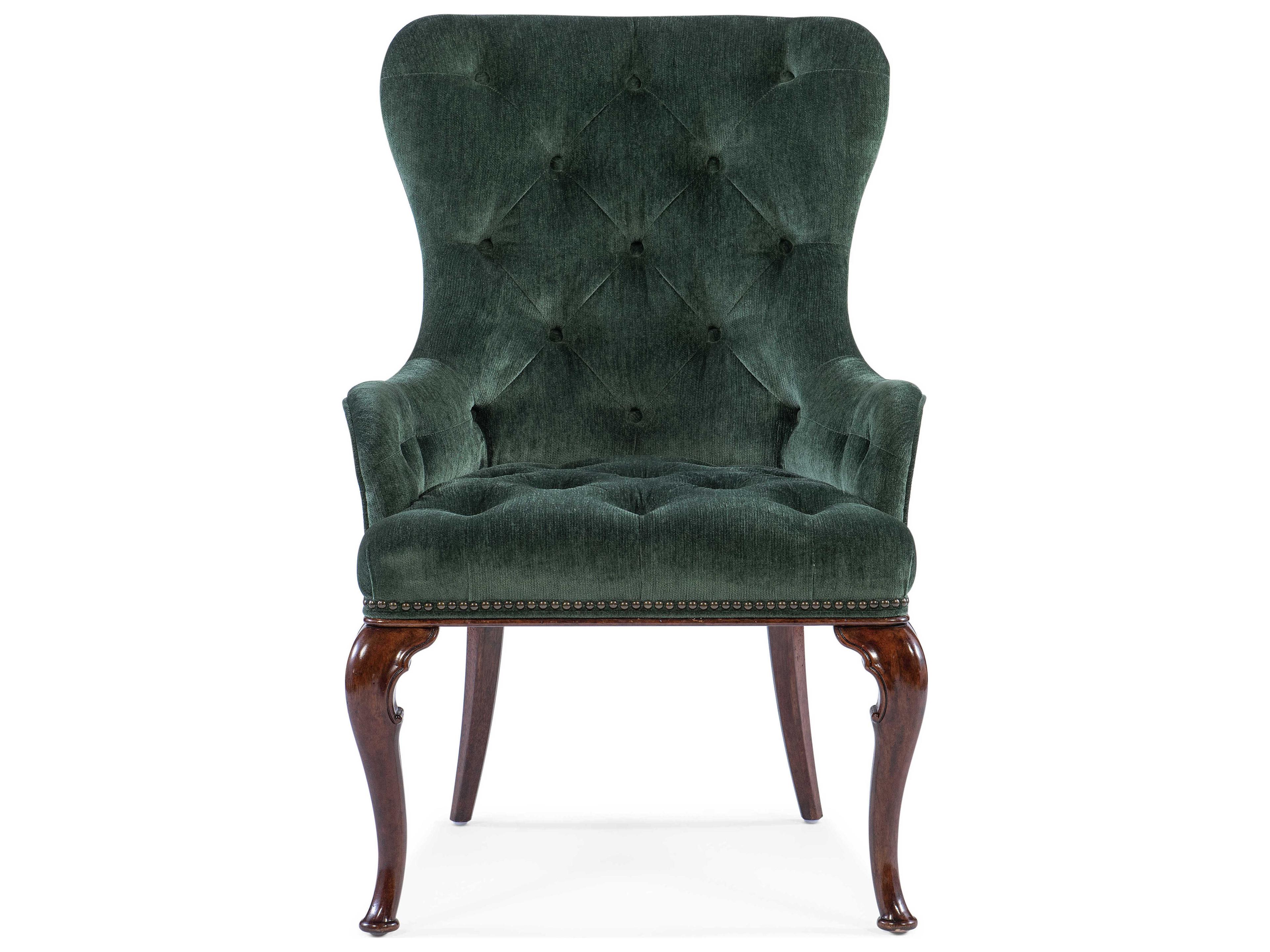 Hooker Furniture Charleston Tufted Cherry Wood Green Upholstered Arm Dining Chair