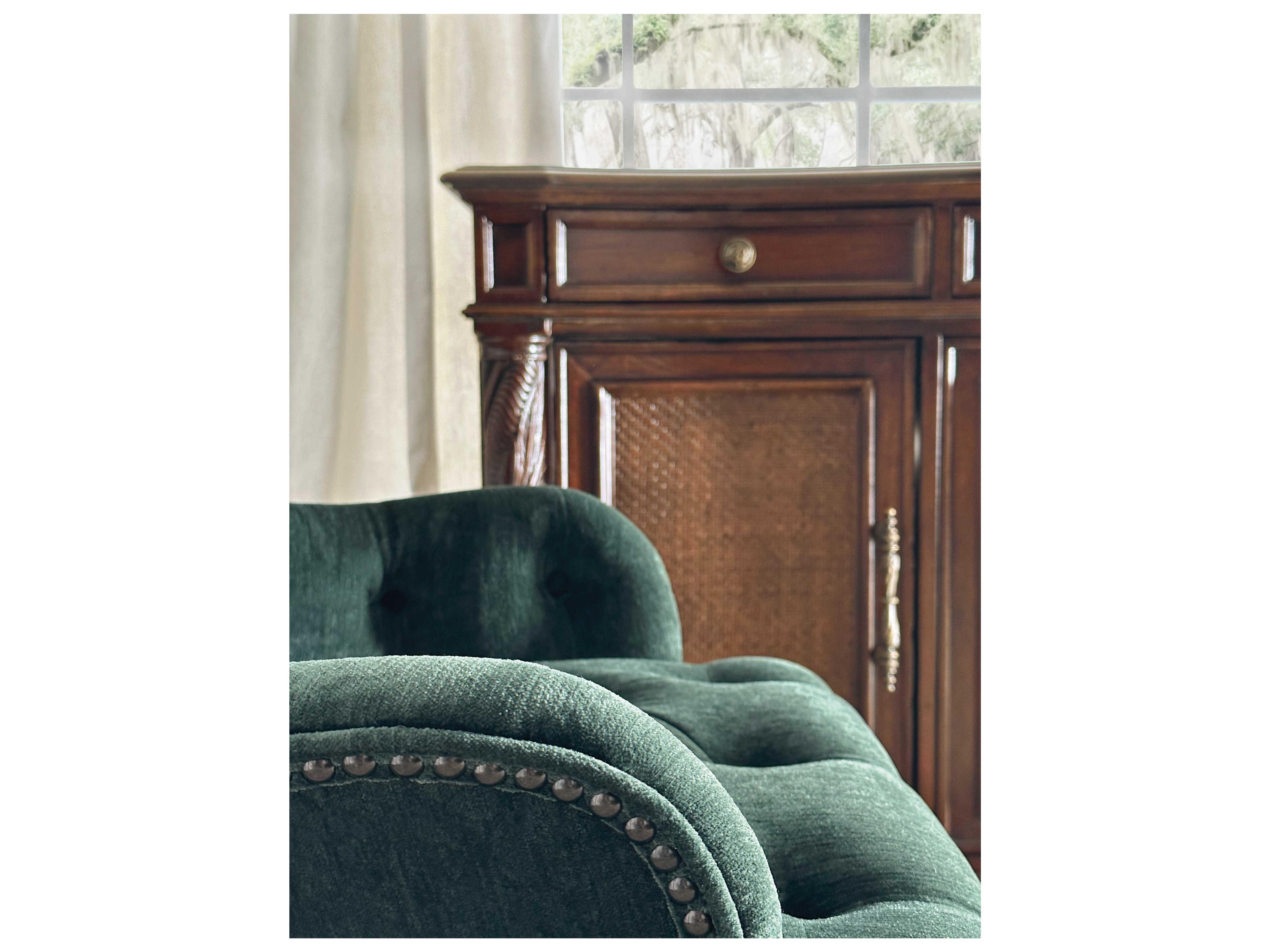 Hooker Furniture Charleston Tufted Cherry Wood Green Upholstered Arm Dining Chair