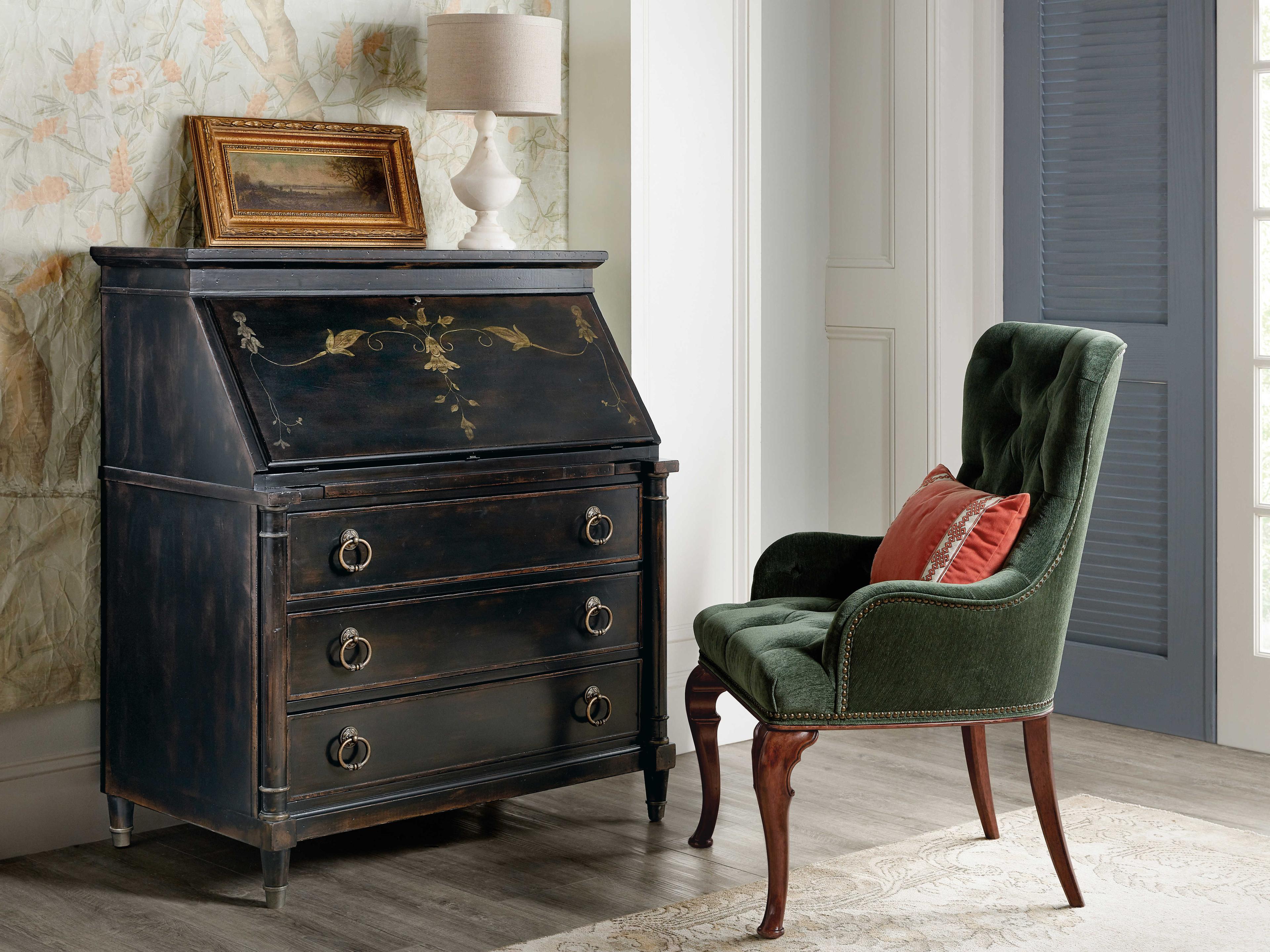 Hooker Furniture Charleston Tufted Cherry Wood Green Upholstered Arm Dining Chair