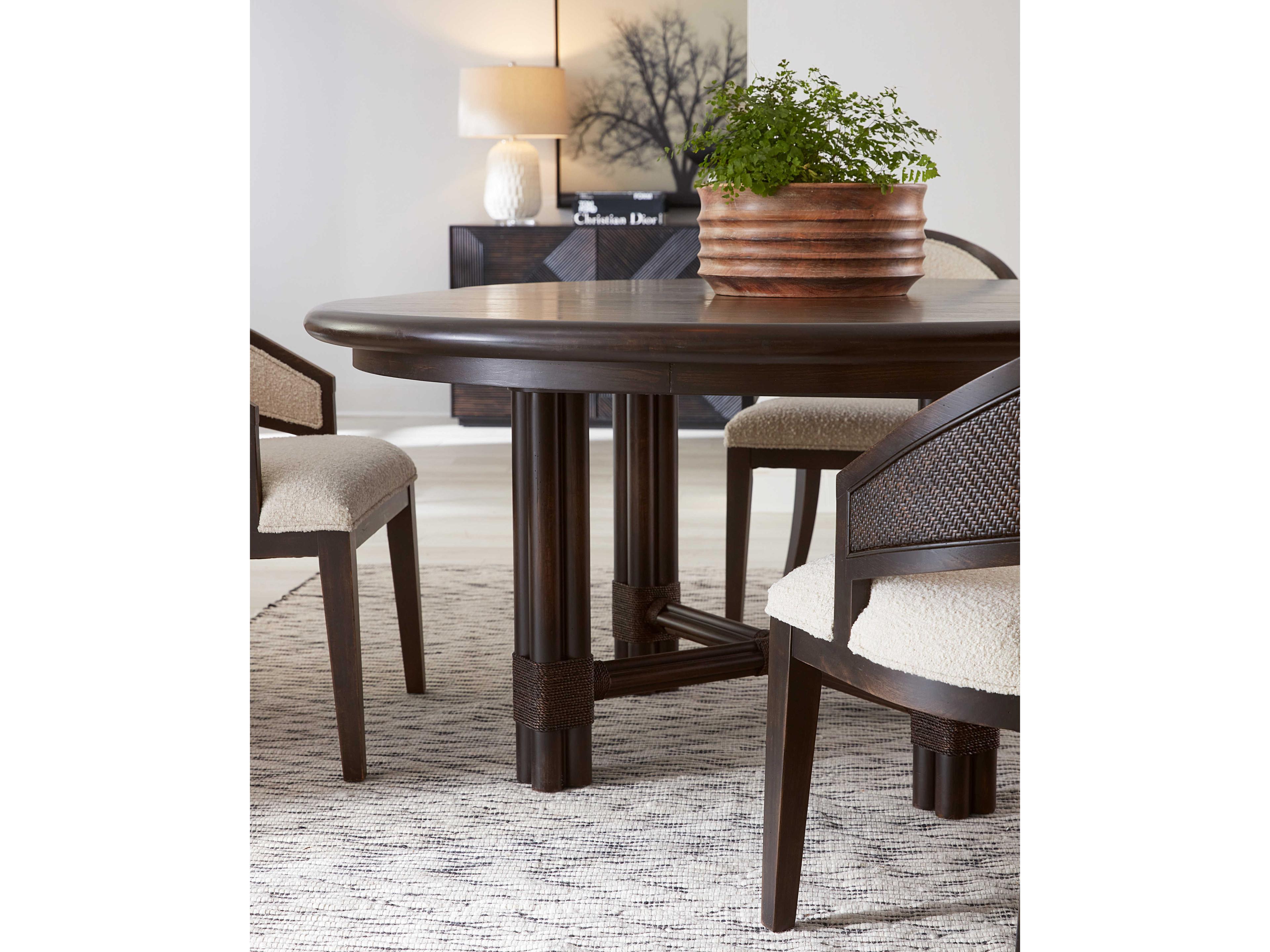 Hooker Furniture Retreat Pole Rattan Extendable Round Wood Black Sand Dining Table