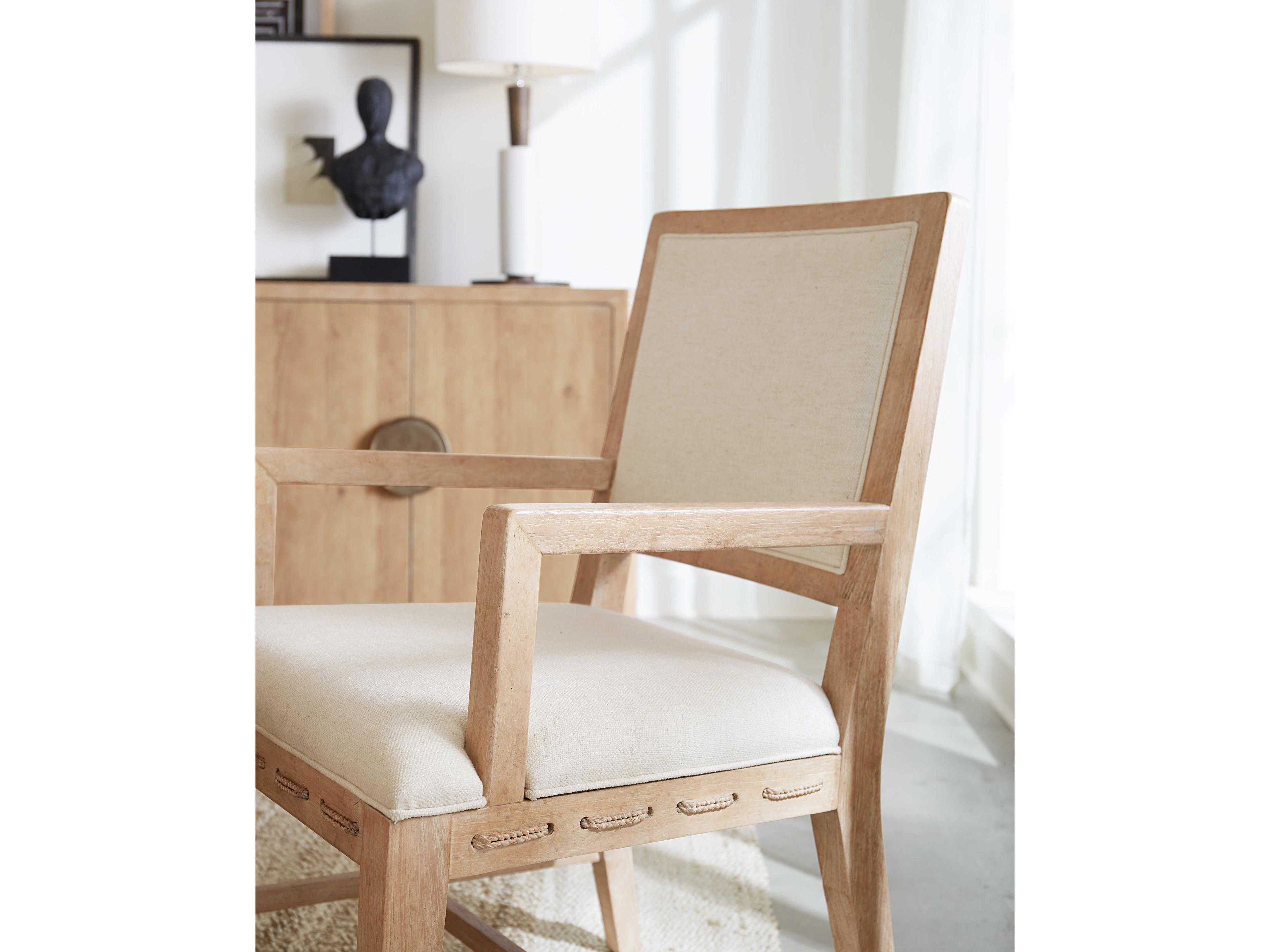 Hooker Furniture Retreat Cane Back Fabric Solid Wood Beige Upholstered Arm Dining Chair