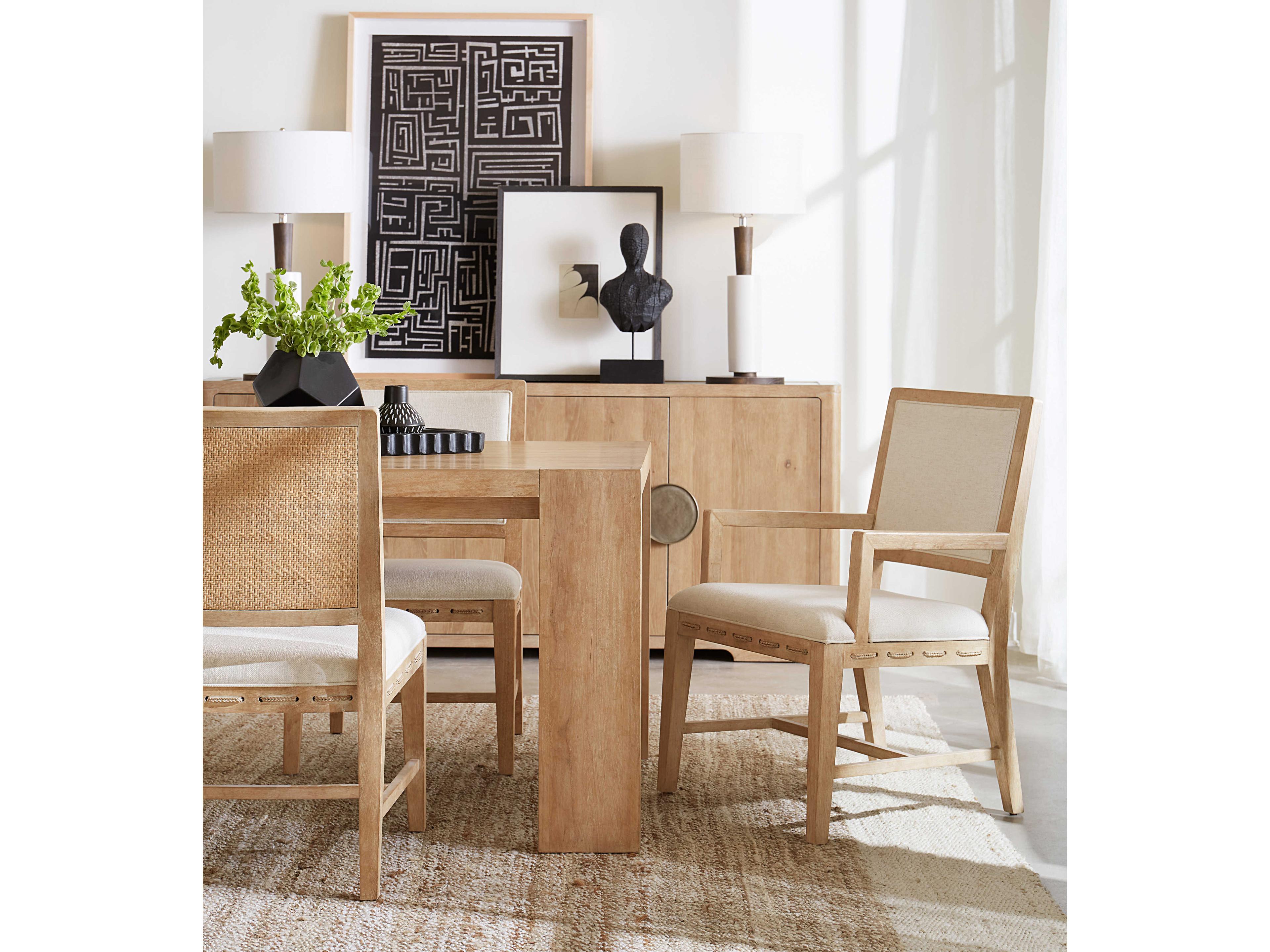 Hooker Furniture Retreat Cane Back Fabric Solid Wood Beige Upholstered Arm Dining Chair