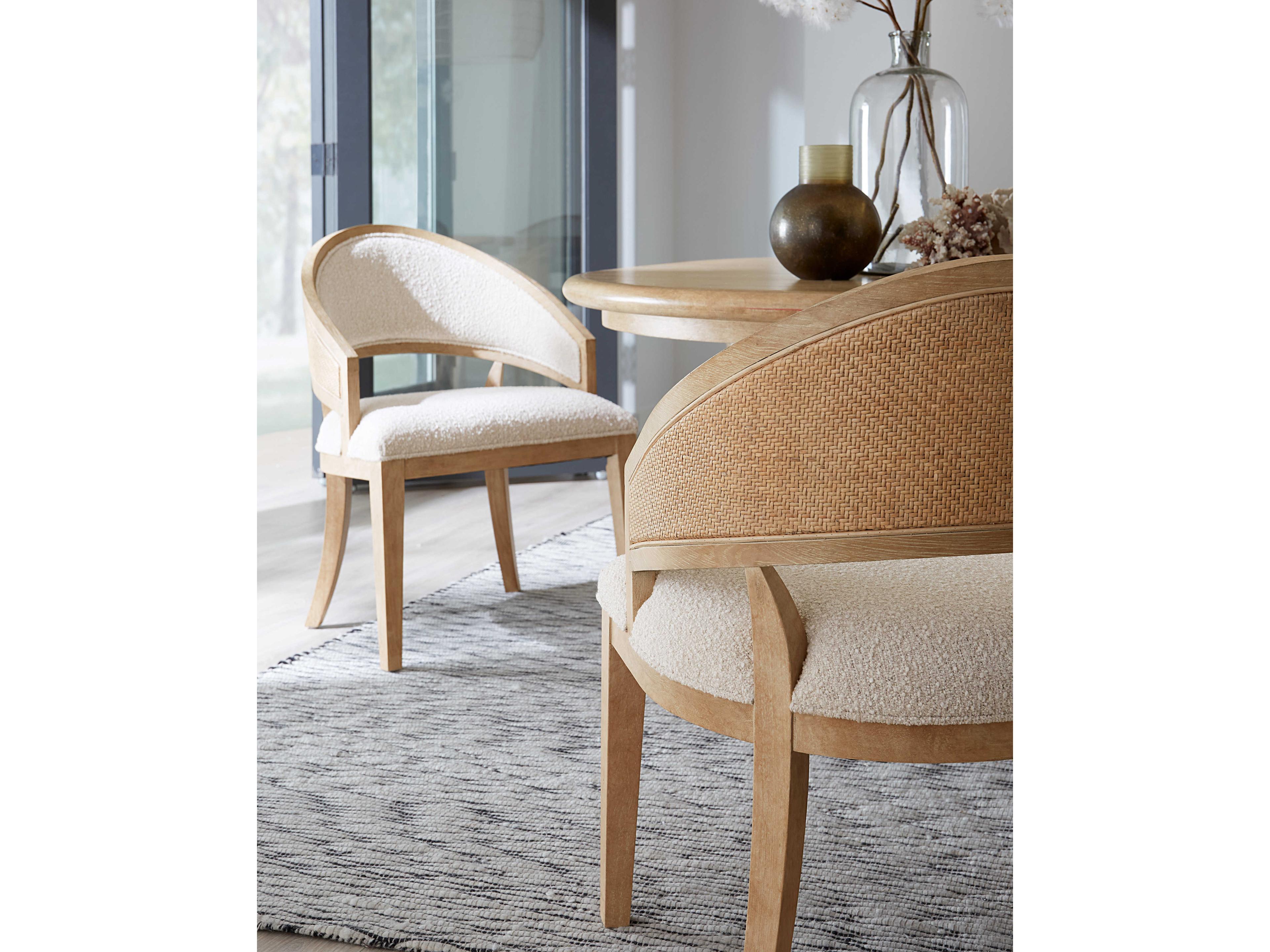 Hooker Furniture Retreat Cane Barrel Back Fabric Solid Wood Beige Upholstered Arm Dining Chair