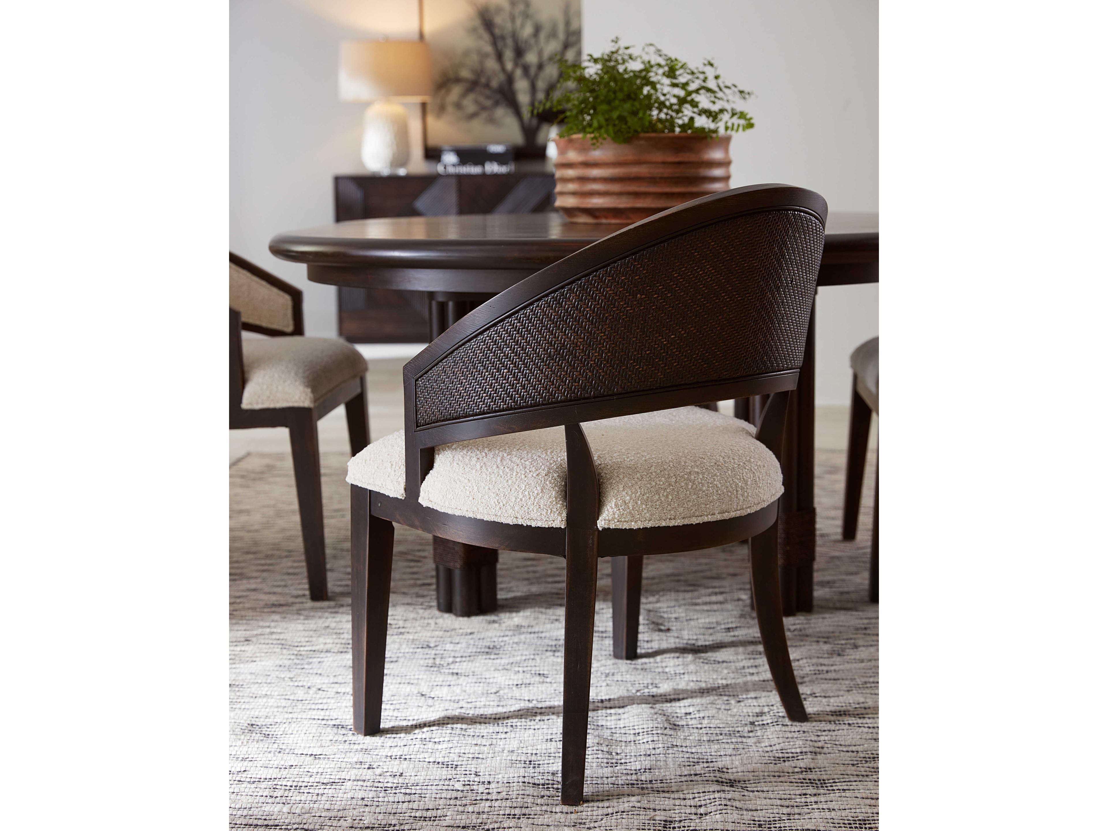 Hooker Furniture Retreat Cane Barrel Back Fabric Solid Wood Black Upholstered Arm Dining Chair