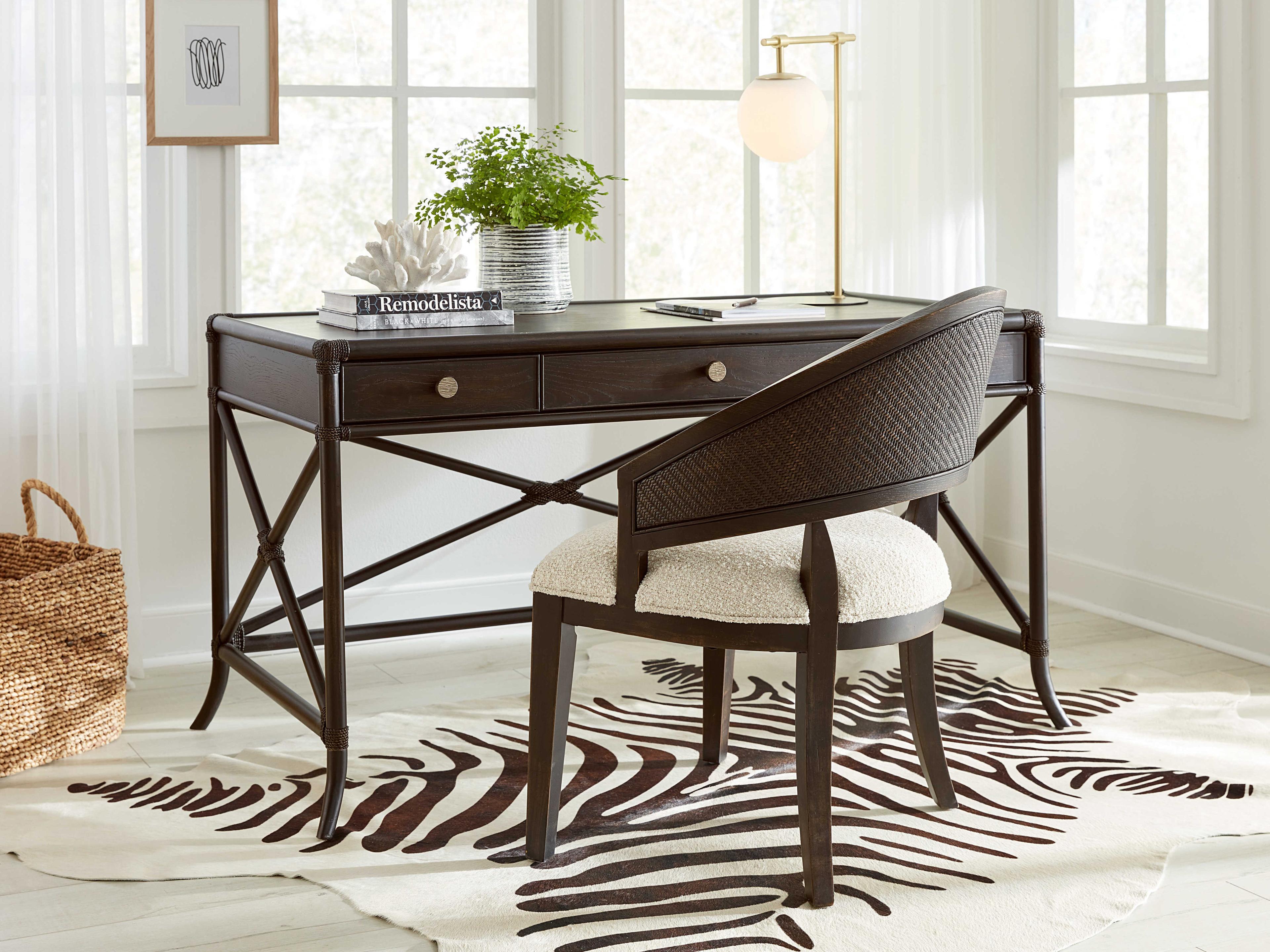 Hooker Furniture Retreat Cane Barrel Back Fabric Solid Wood Black Upholstered Arm Dining Chair