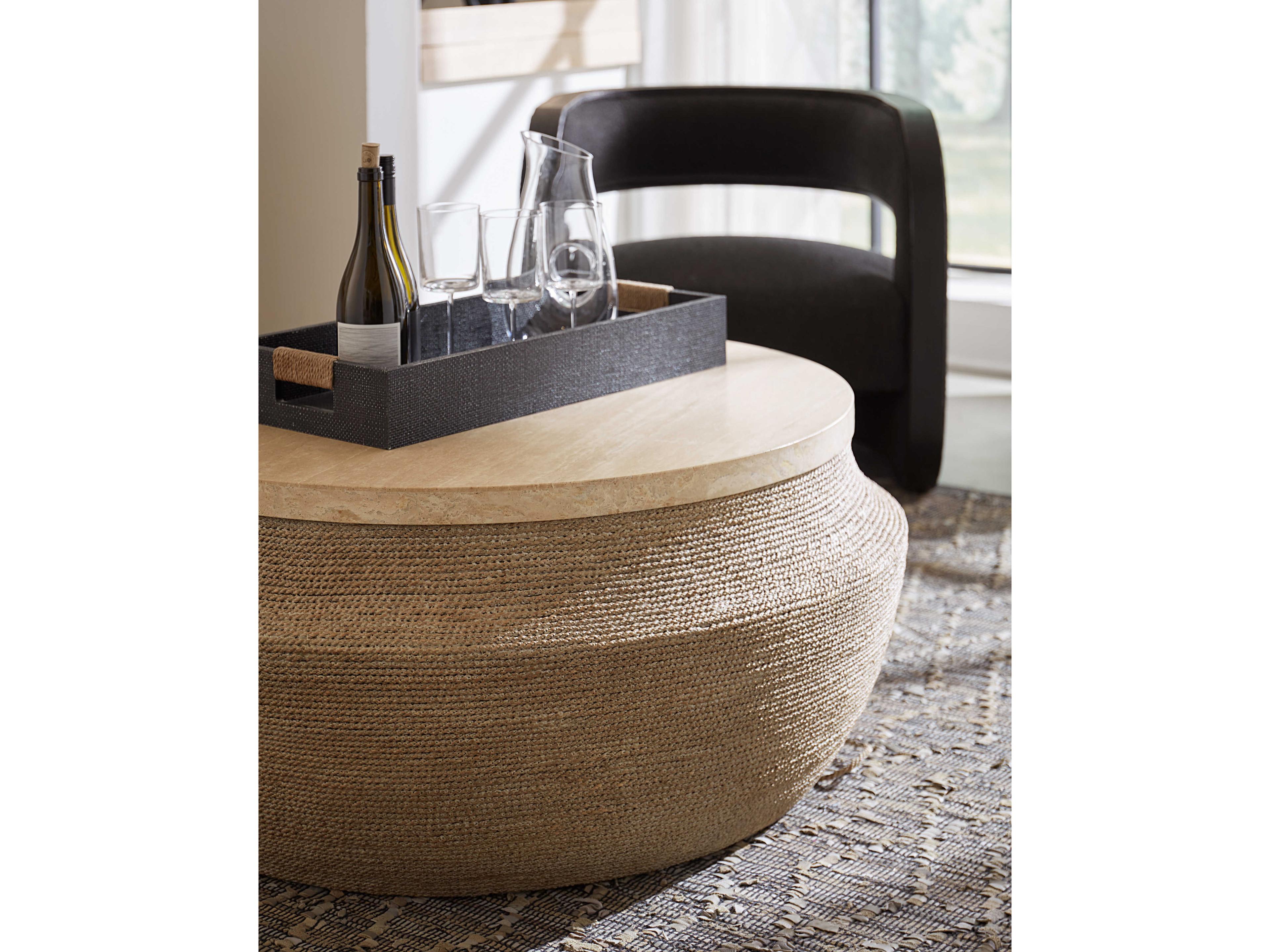 Hooker Furniture Retreat Round Stone Travertine Marble Brown Cocktail Table