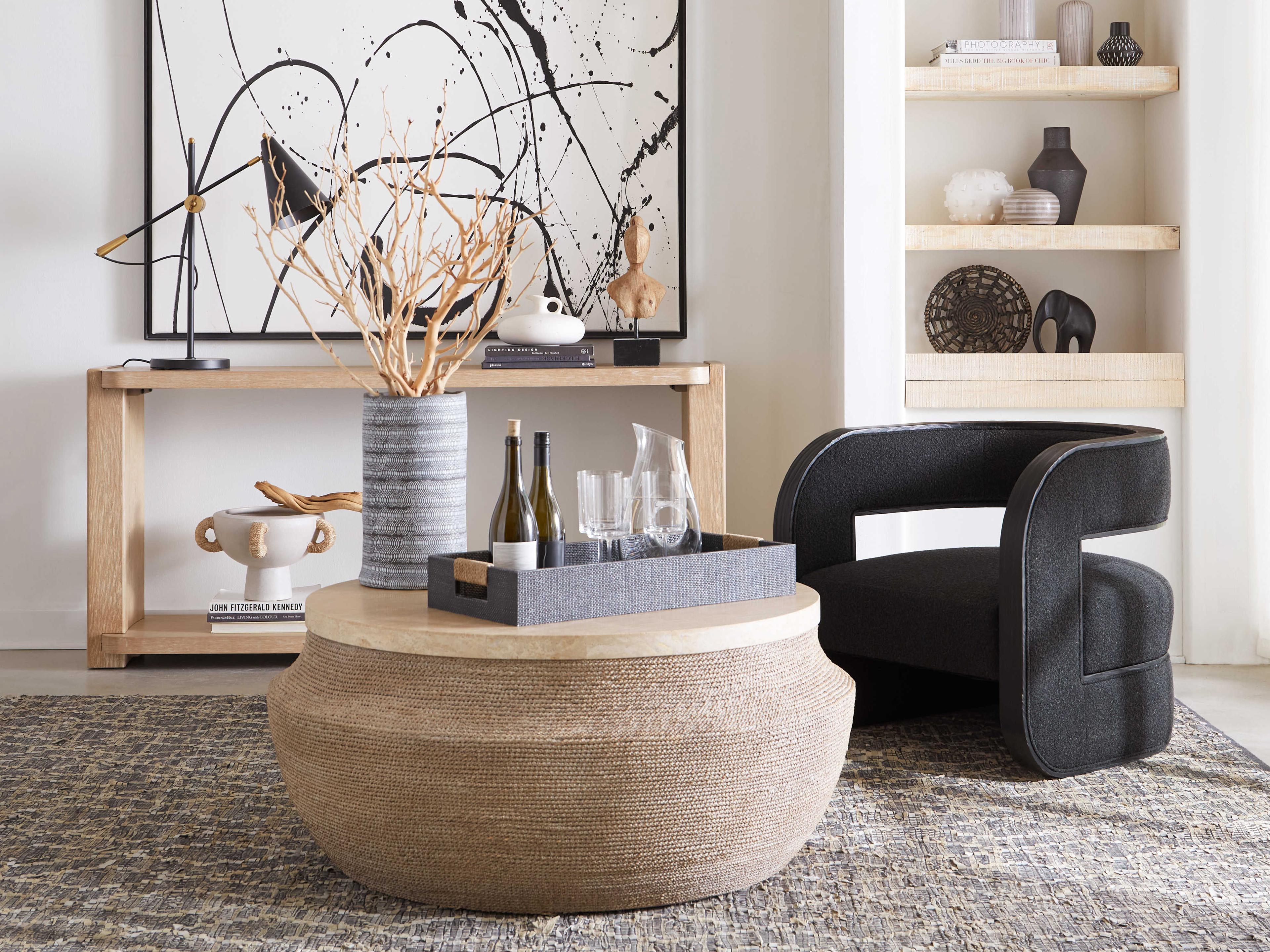 Hooker Furniture Retreat Round Stone Travertine Marble Brown Cocktail Table