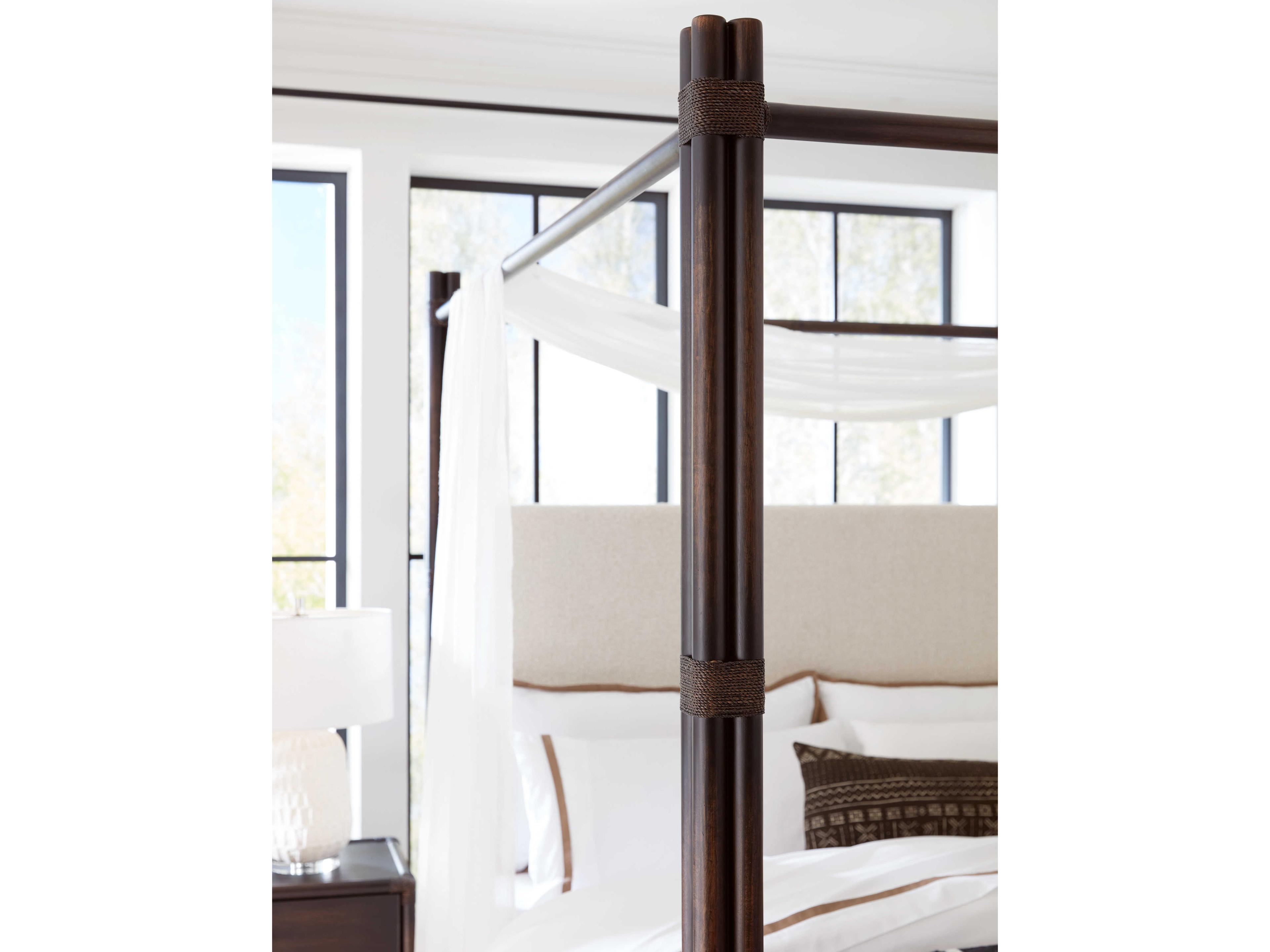 Hooker Furniture Retreat Pole Rattan Neo Cream Black Sand Solid Wood Upholstered King Poster Bed with Canopy