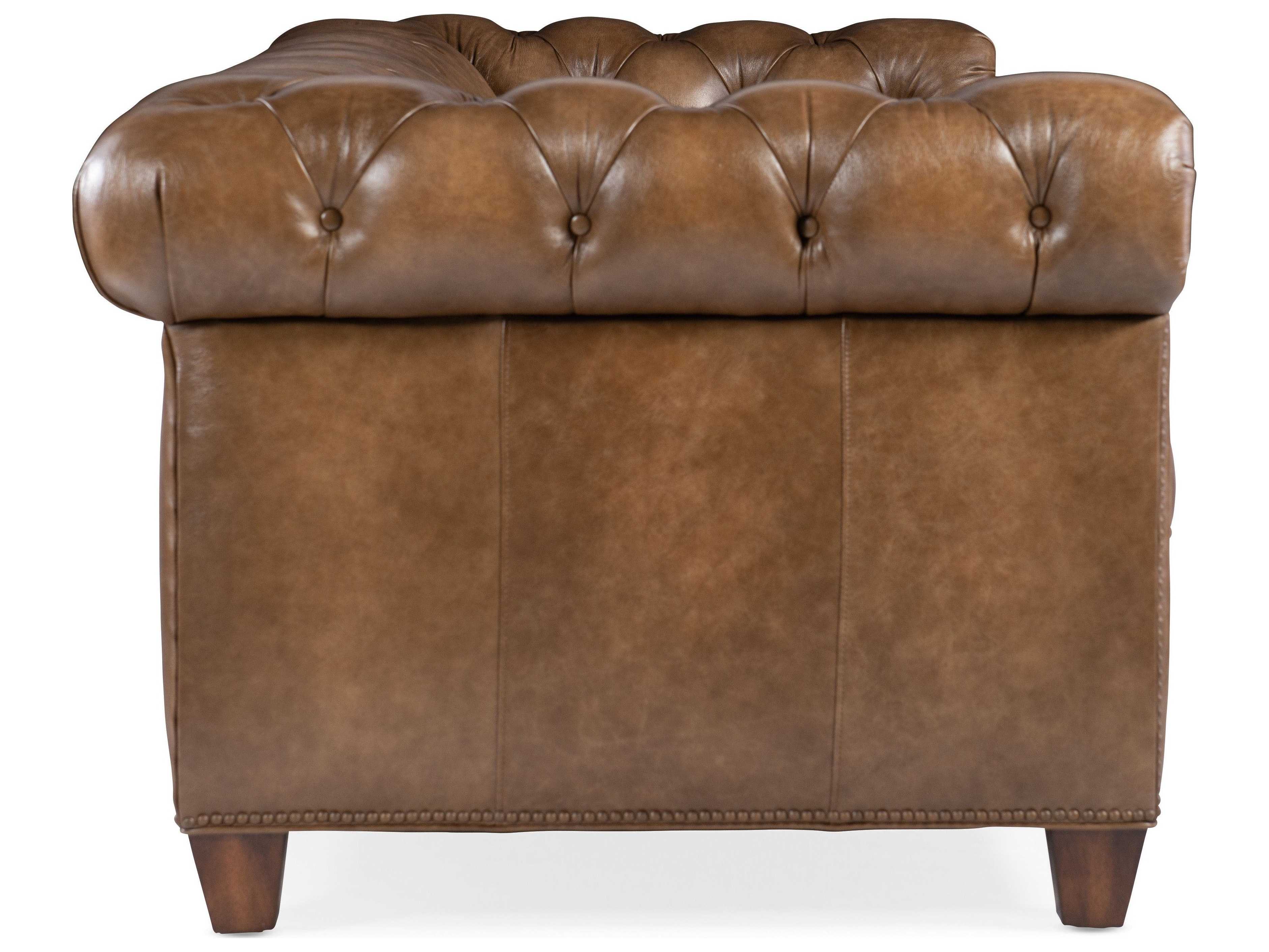 Hooker Furniture Chester Tufted Tianran Nature Dark Wood Brown Leather Sofa