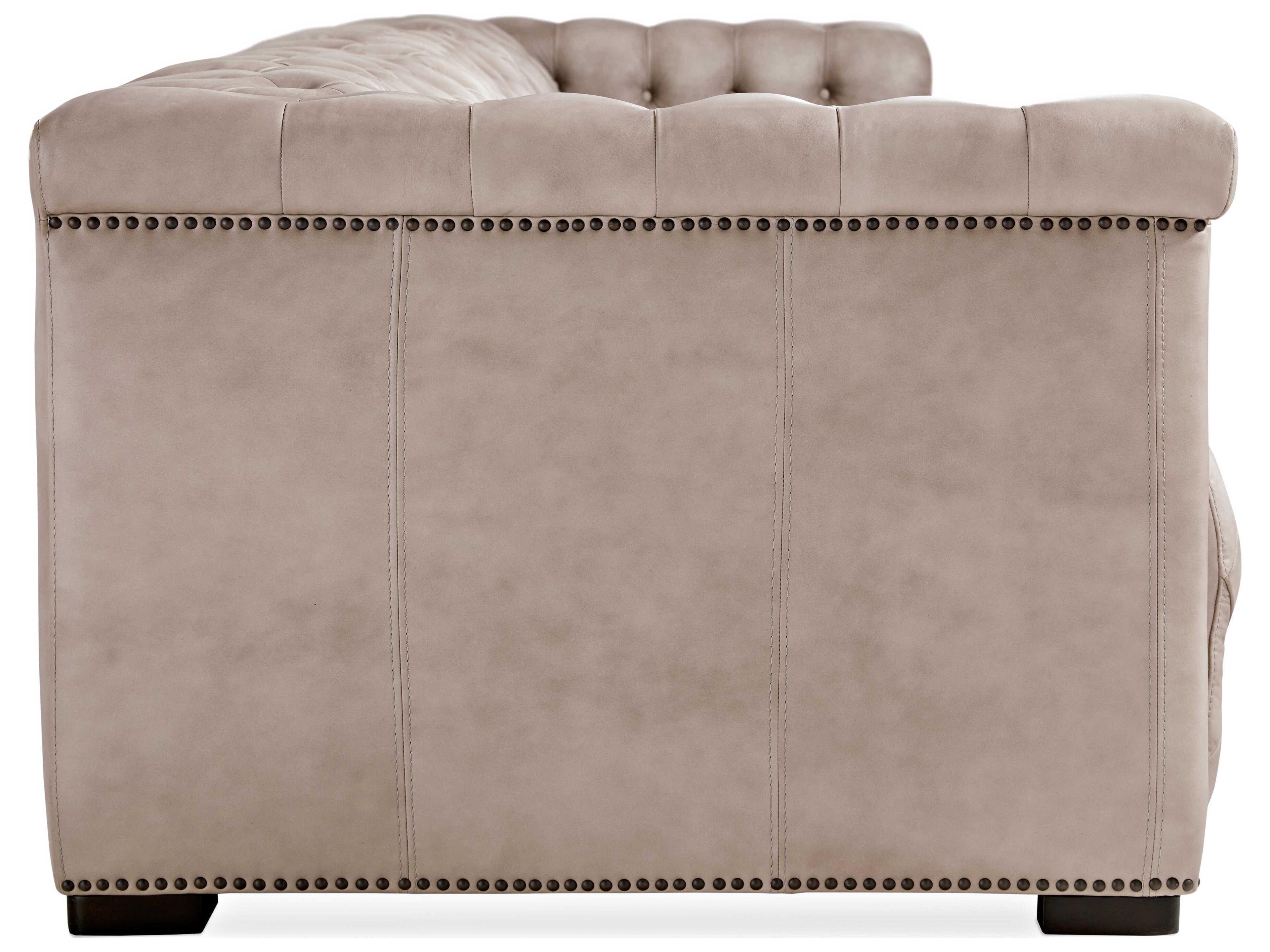 Hooker Furniture Savion Tufted Giovanni Taupe Beige Leather Sofa with Power Recliner and Headrest