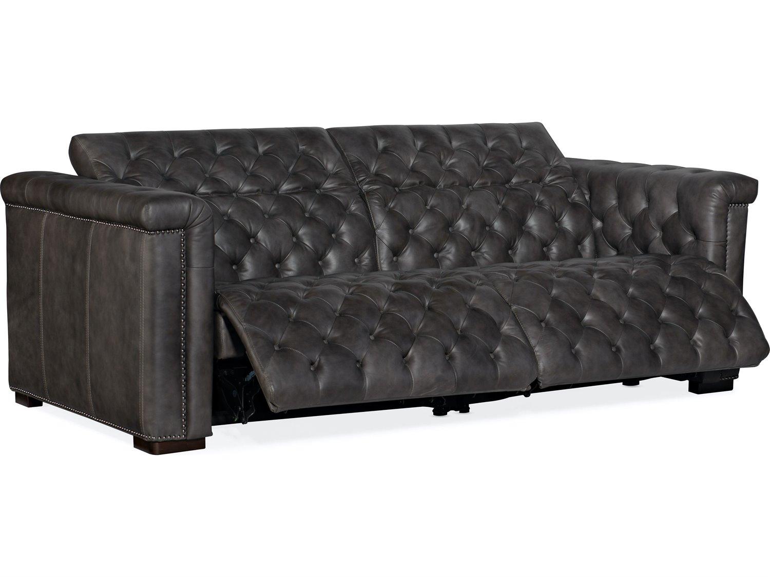Hooker Furniture Savion Tufted Bellagio Gravel Dark Wood Gray Leather Sofa with Power Recliner and Headrest