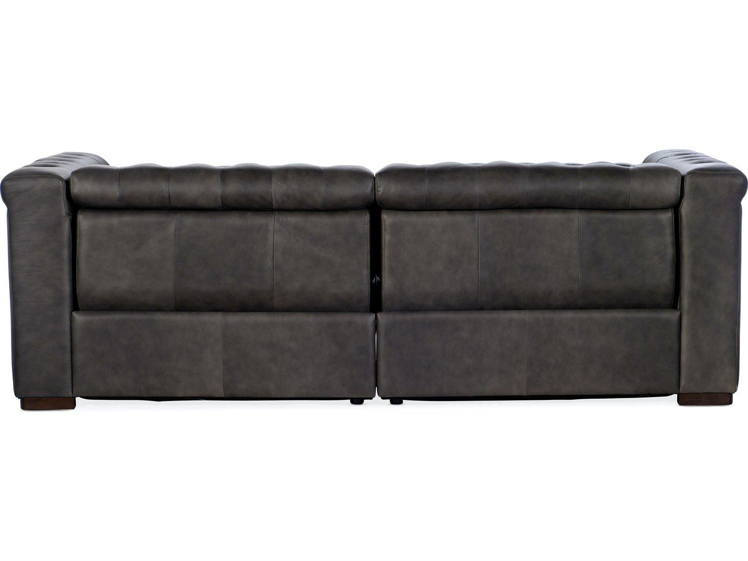 Hooker Furniture Savion Tufted Bellagio Gravel Dark Wood Gray Leather Sofa with Power Recliner and Headrest